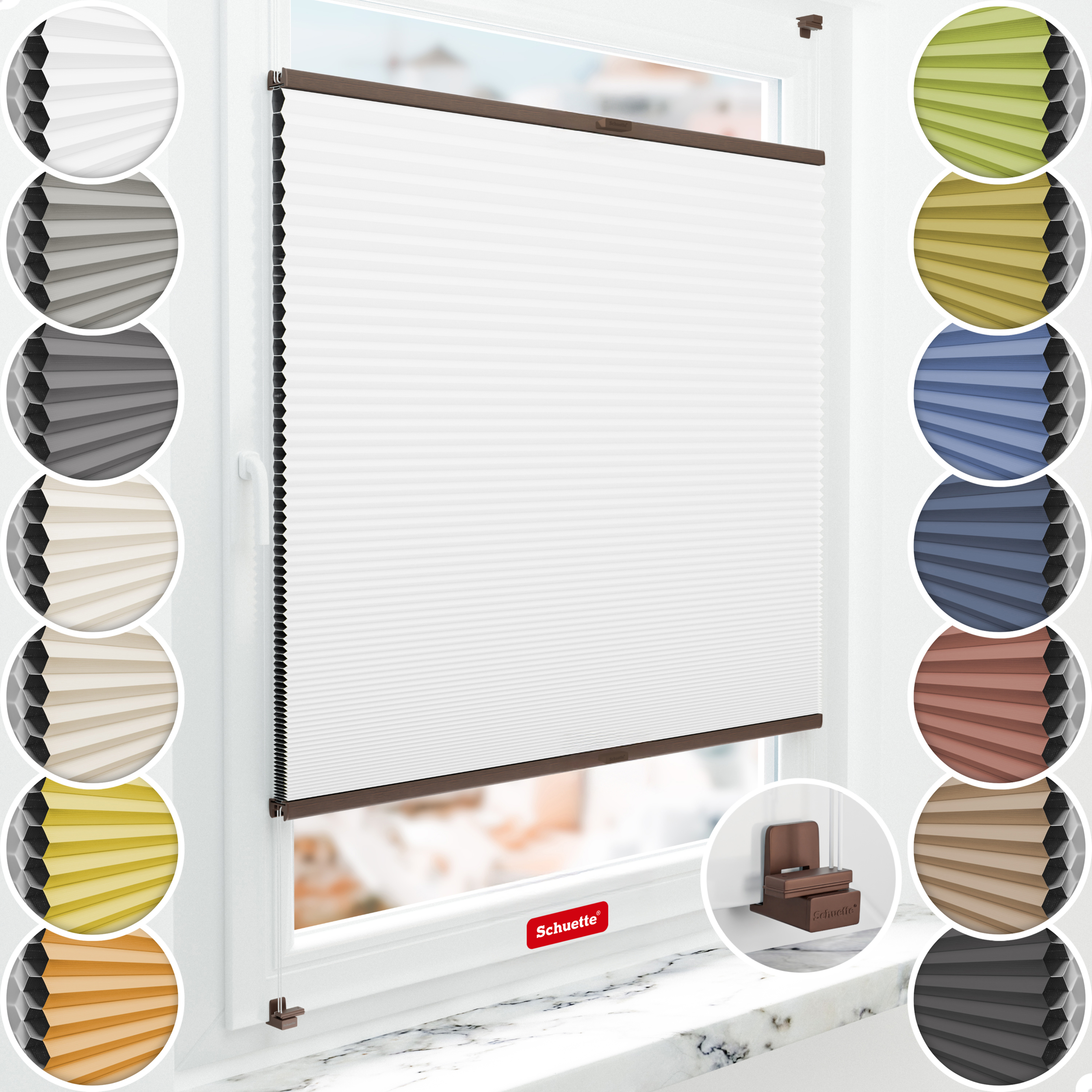 Schuette® Wabenplissee ohne Bohren nach Maß • Suprafix Klemmhalter "X" • Honey Kollektion: Moonlight (Weiß) • Profilfarbe: Walnuss
