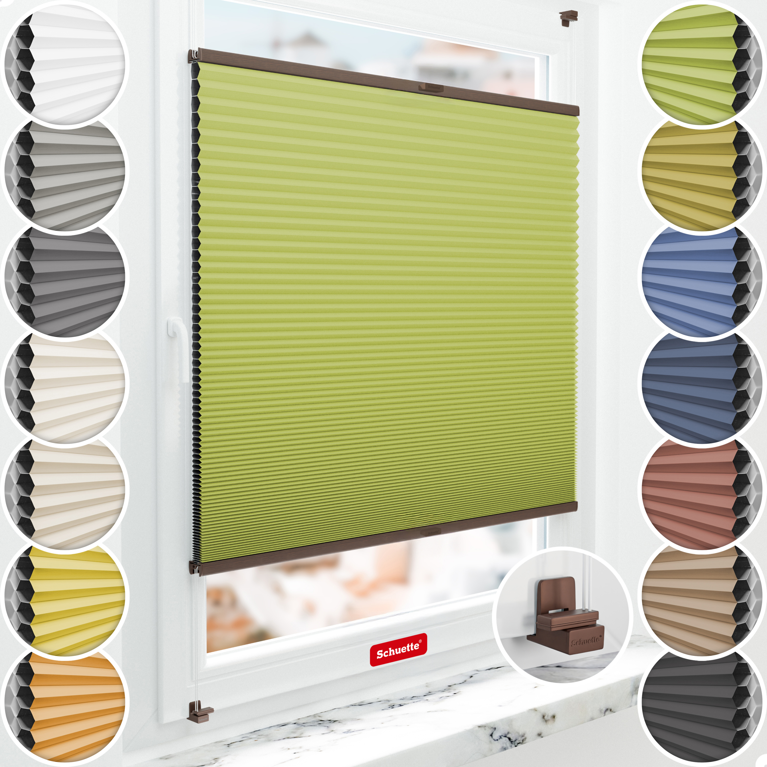 Schuette® Wabenplissee ohne Bohren nach Maß • Suprafix Klemmhalter "X" • Honey Kollektion: Green Tea (Grün) • Profilfarbe: Walnuss