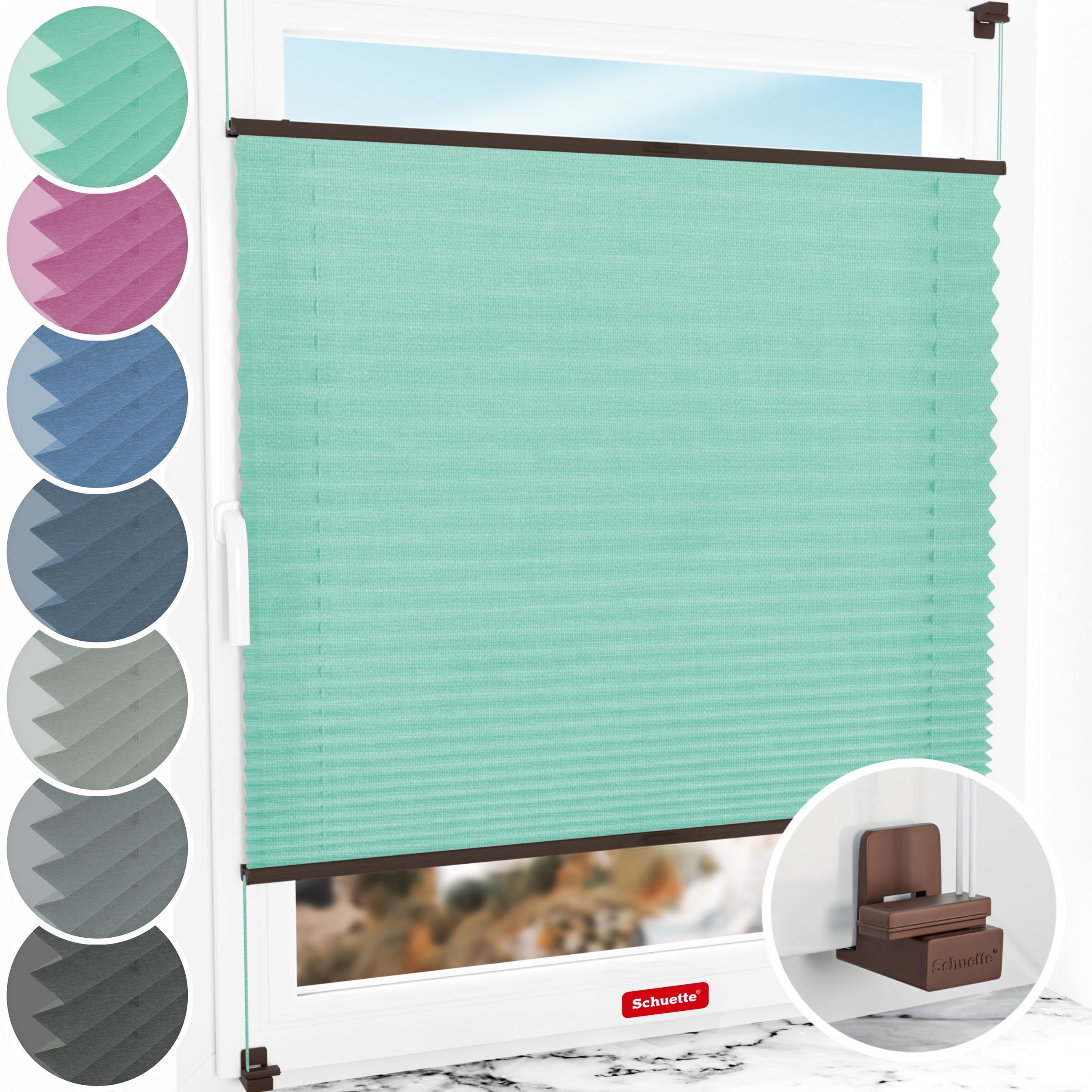 Schuette® Plissee ohne Bohren nach Maß • Suprafix Klemmhalter "X" • Melange Kollektion: Mint Ice Cream (Grün) • Profilfarbe: Walnuss