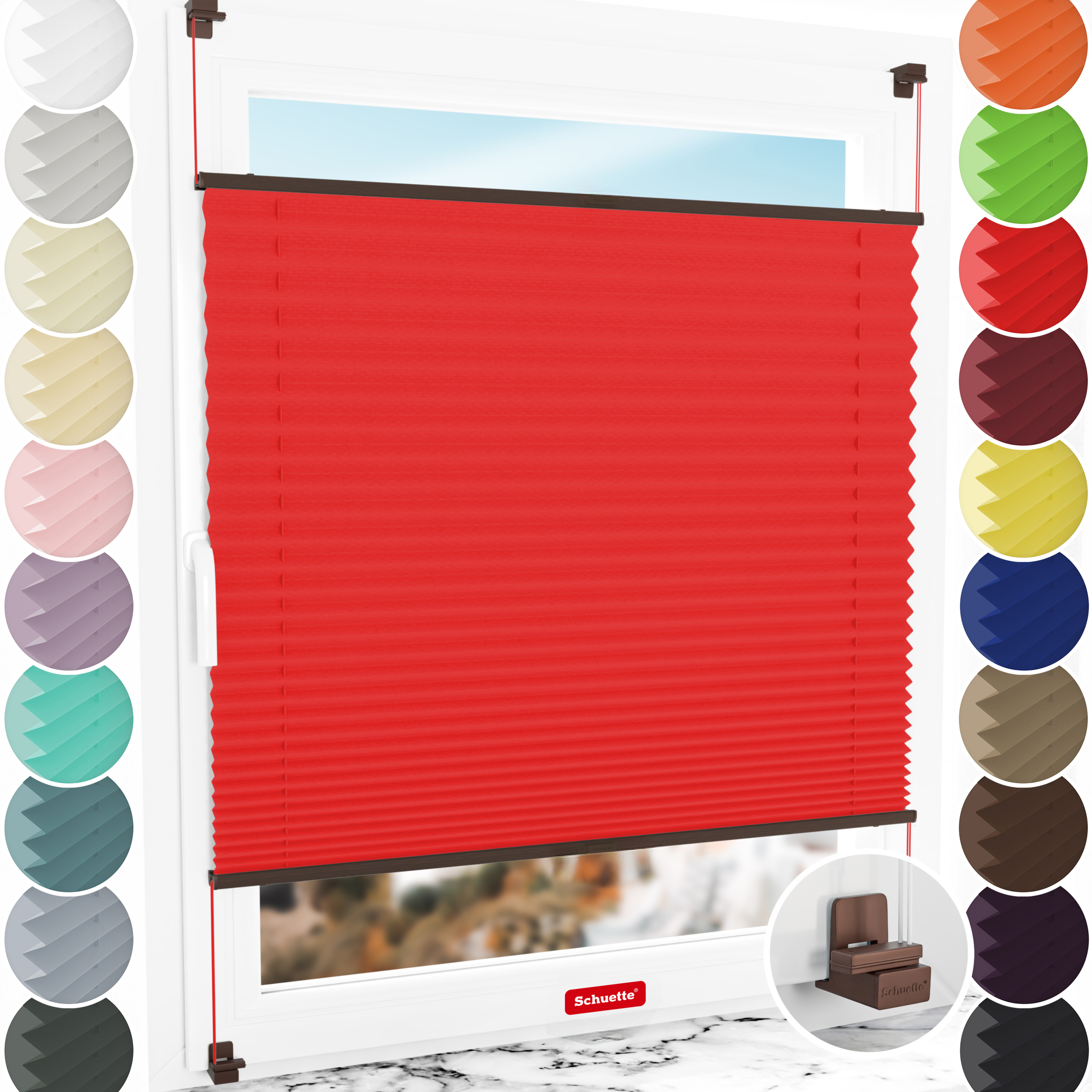 Schuette® Plissee ohne Bohren nach Maß • Suprafix Klemmhalter "X" • Thermo Kollektion: Cherry Charm (Rot) • Profilfarbe: Walnuss