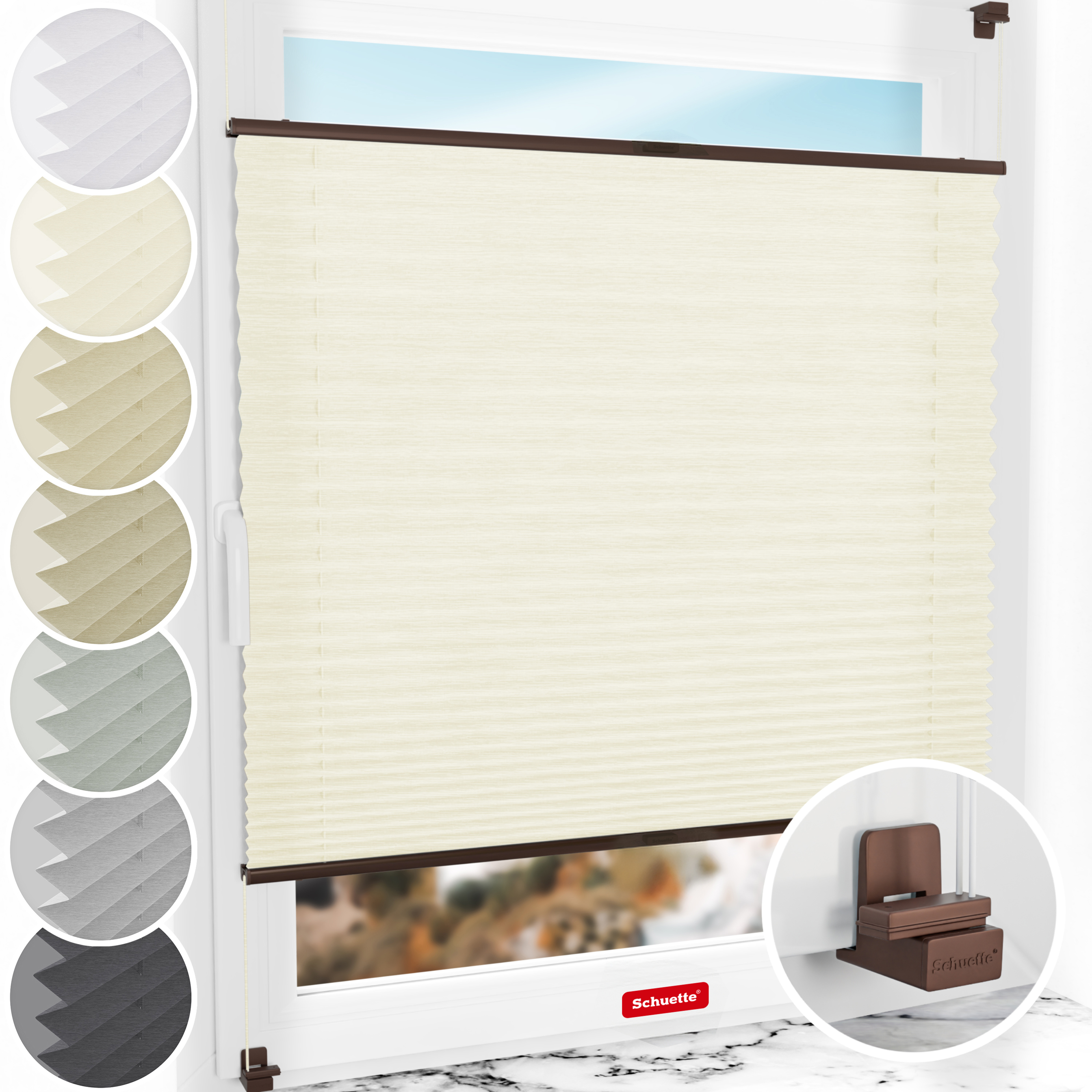 Schuette® Plissee ohne Bohren nach Maß • Suprafix Klemmhalter "X" • Dolomite Kollektion: Vanilla Sky (Beige) • Profilfarbe: Braun