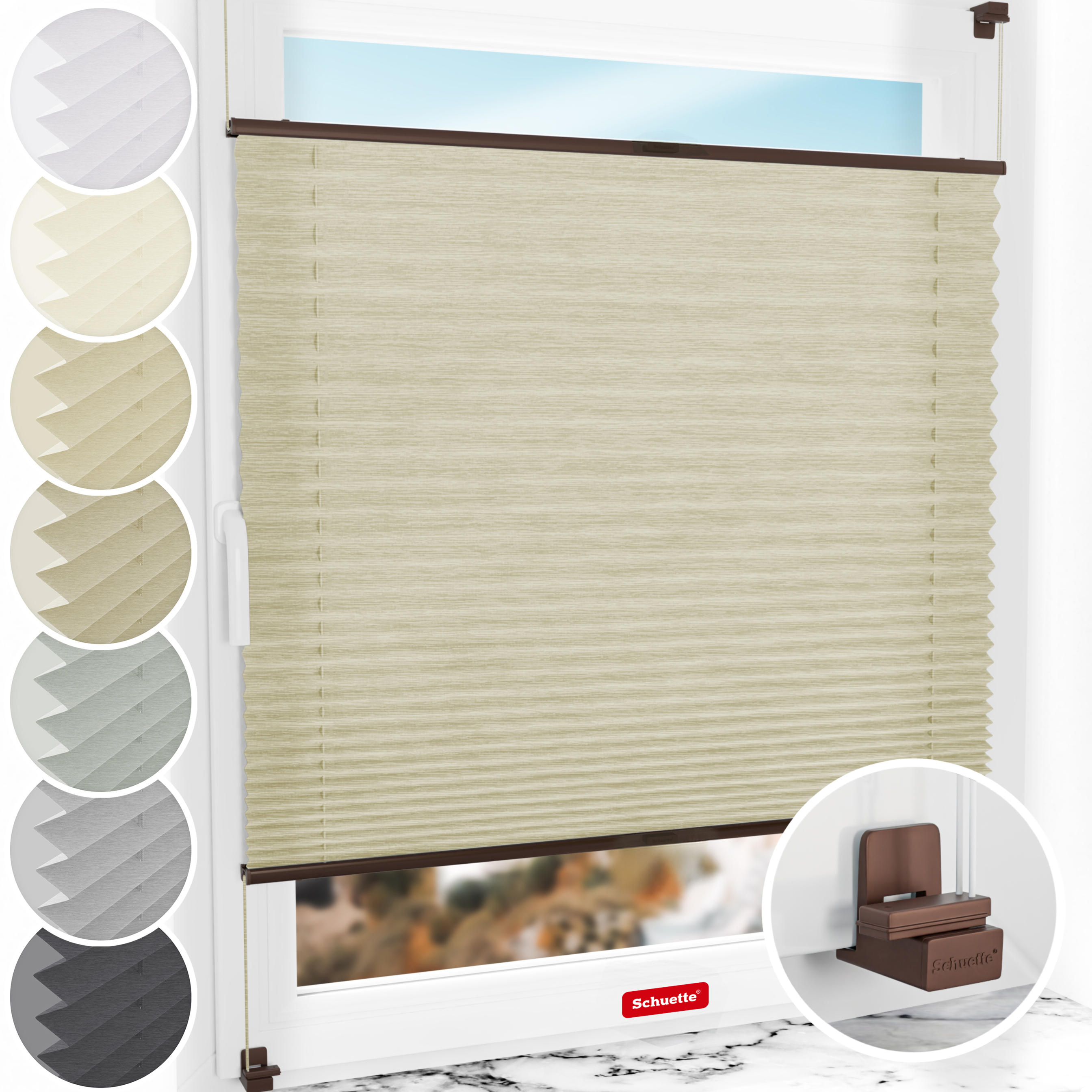 Schuette® Plissee ohne Bohren nach Maß • Suprafix Klemmhalter "X" • Dolomite Kollektion: Light Coffee (Beige) • Profilfarbe: Braun