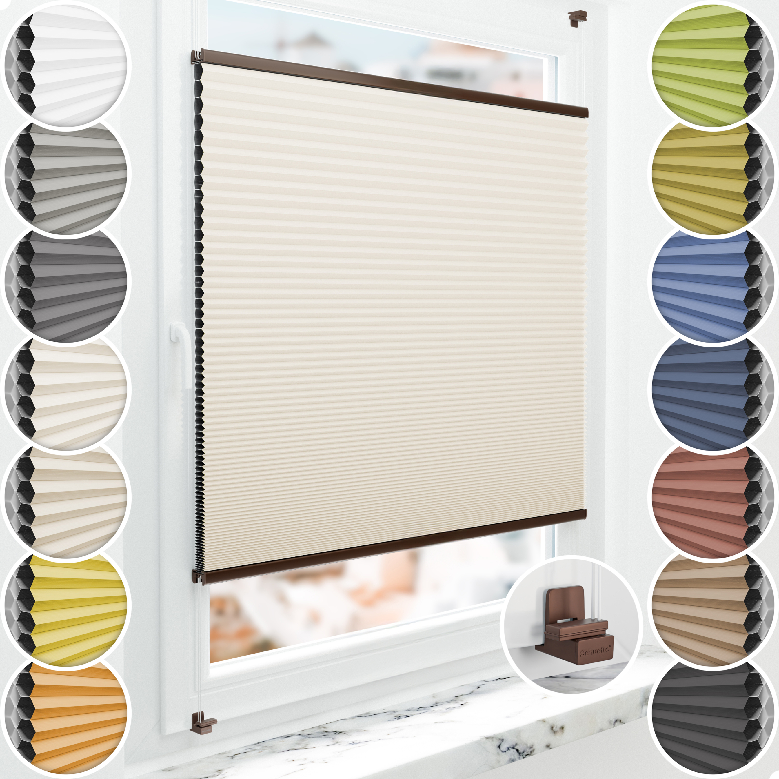 Schuette® Wabenplissee ohne Bohren nach Maß • Suprafix Klemmhalter "X" • Honey Kollektion: Calm Coast (Beige) • Profilfarbe: Braun