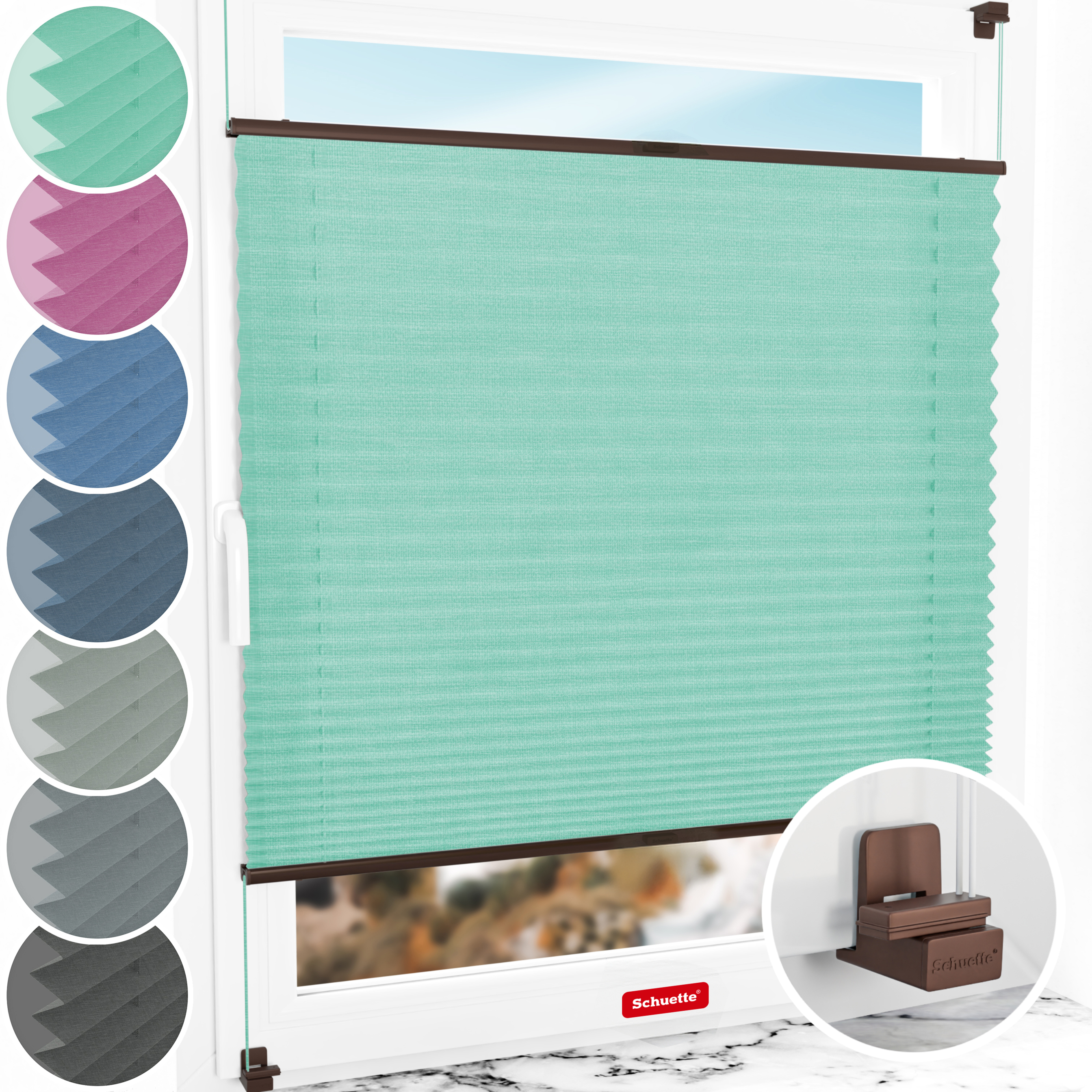 Schuette® Plissee ohne Bohren nach Maß • Suprafix Klemmhalter "X" • Melange Kollektion: Mint Ice Cream (Grün) • Profilfarbe: Braun