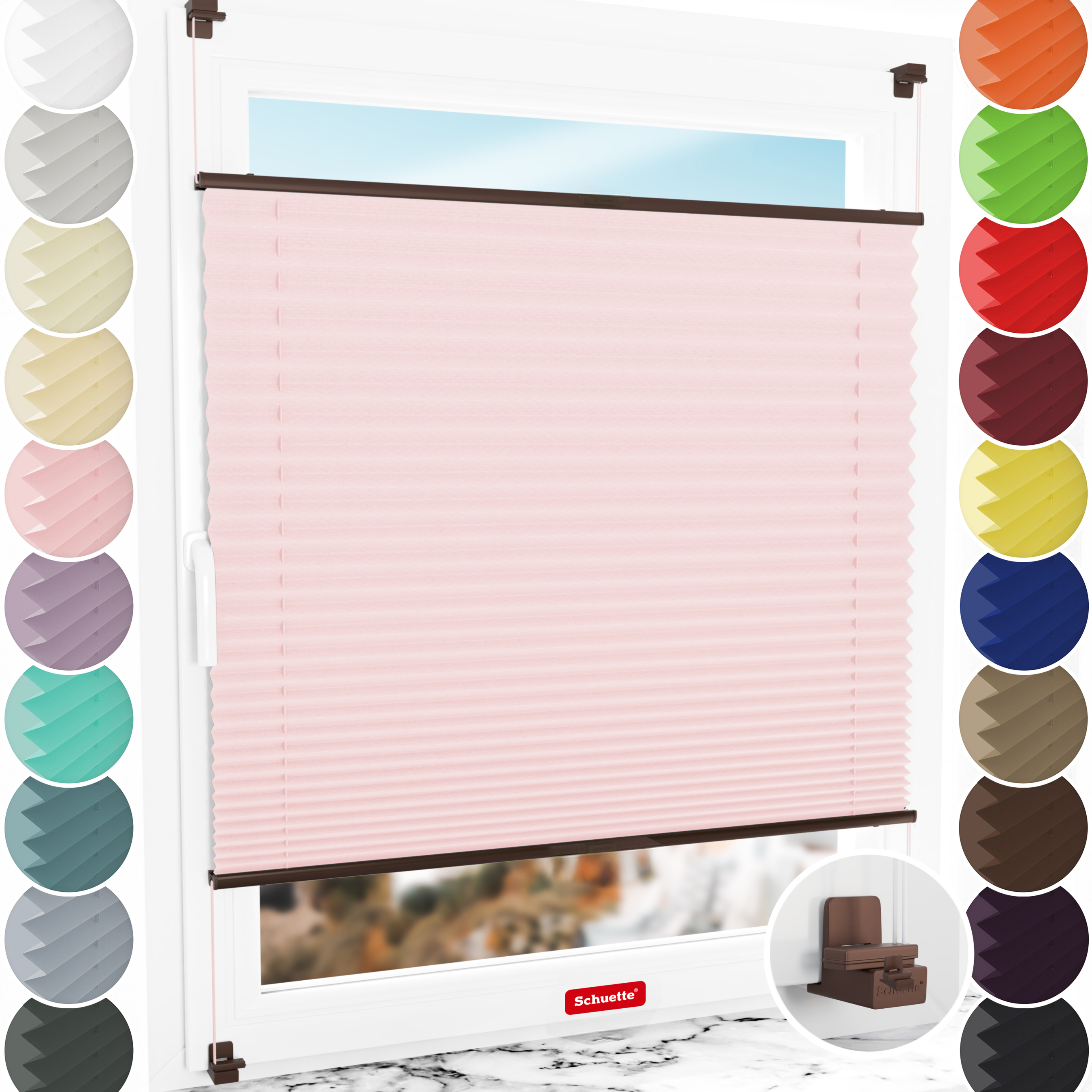 Schuette® Plissee ohne Bohren nach Maß • Suprafix Klemmhalter "X" • Thermo Kollektion: Rosewater (Rosa) • Profilfarbe: Braun