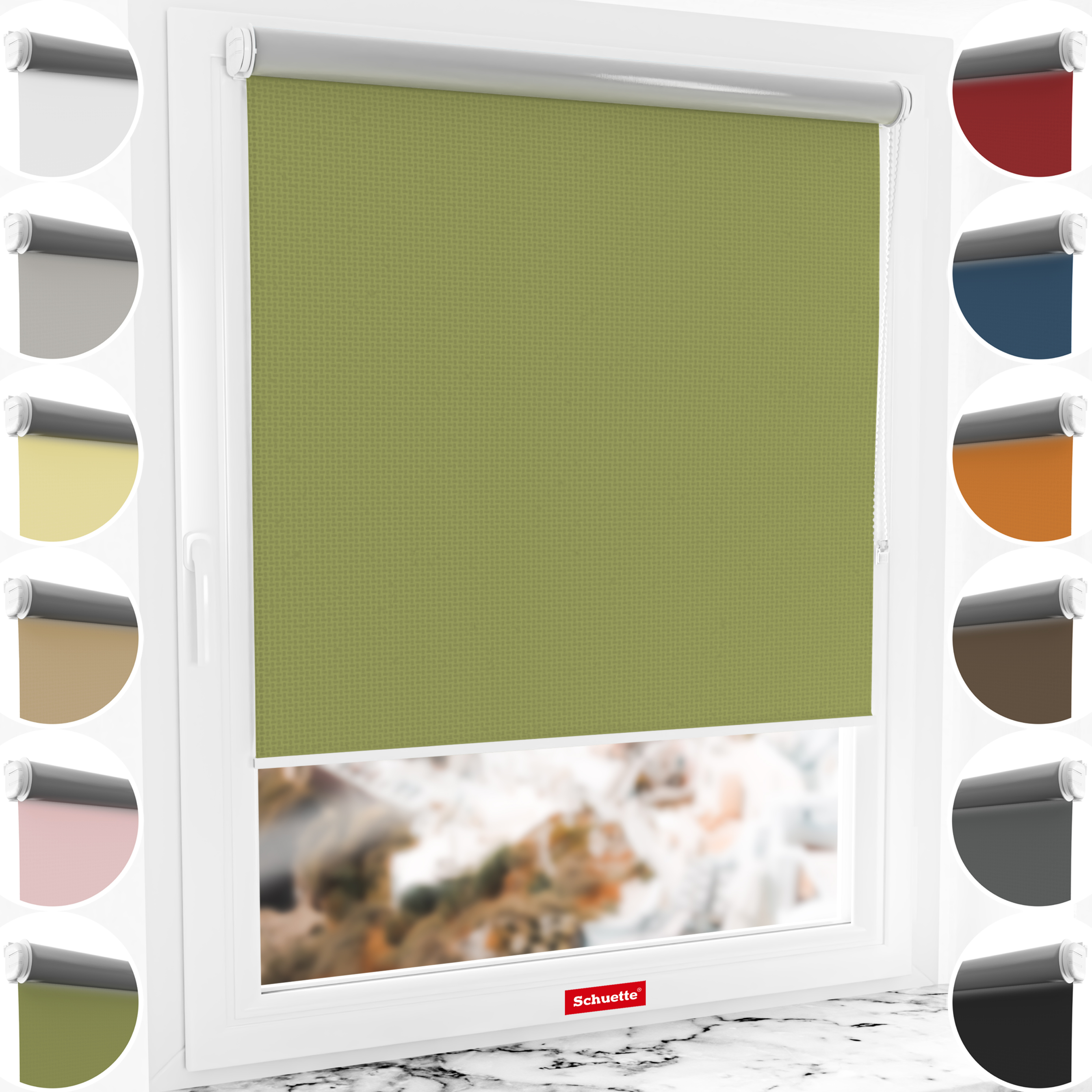 Schuette® Verdunkelungsrollo ohne Bohren & mit Bohren 2in1 nach Maß ● Kollektion Thermo Blackout: European Olive (Grün) ● Profilfarbe: Schwarz