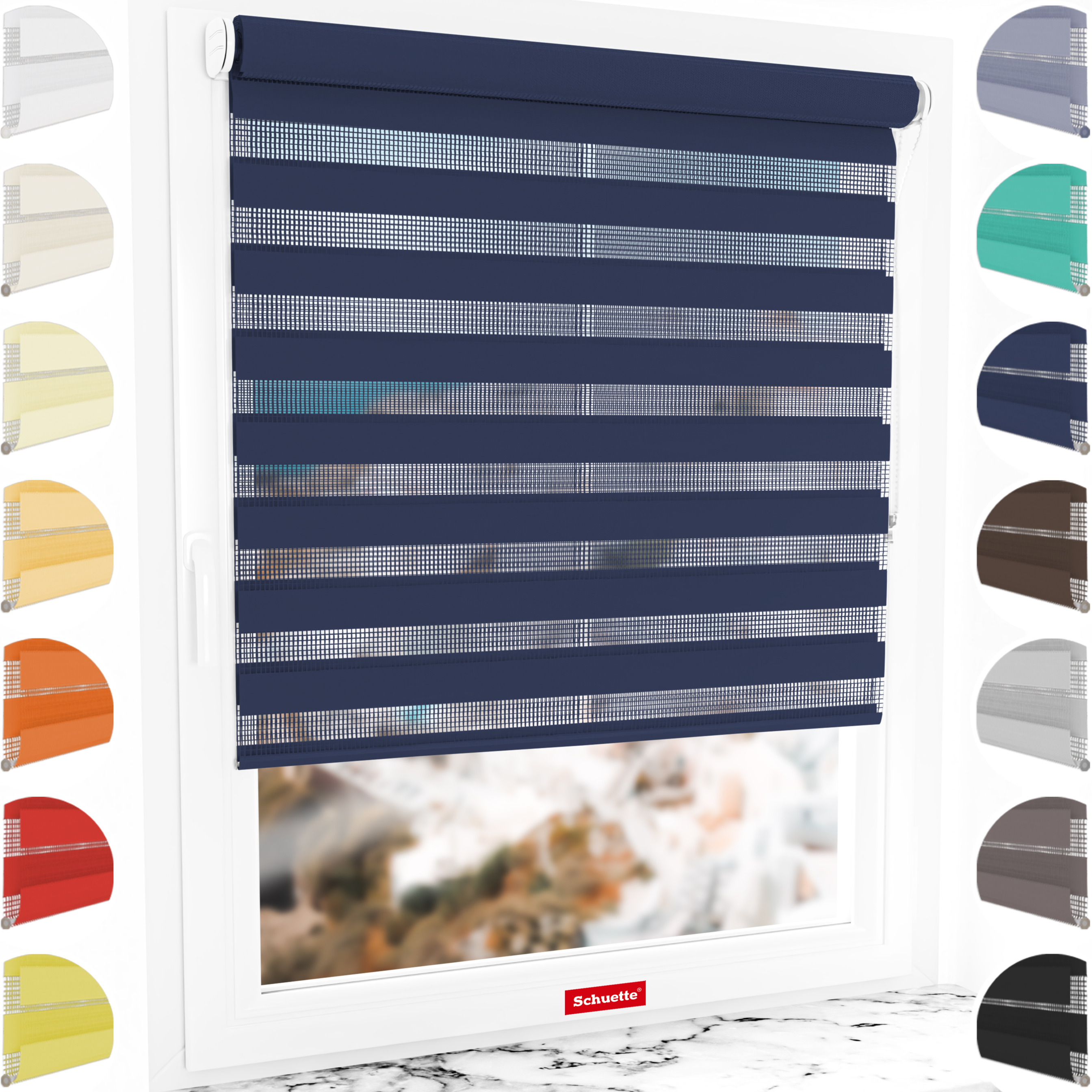 Schuette® Tag und Nacht Rollo ohne Bohren & mit Bohren 2in1 nach Maß • Doppelrollo Kollektion: Azure Coast (Dunkelblau) • Profilfarbe: Schwarz