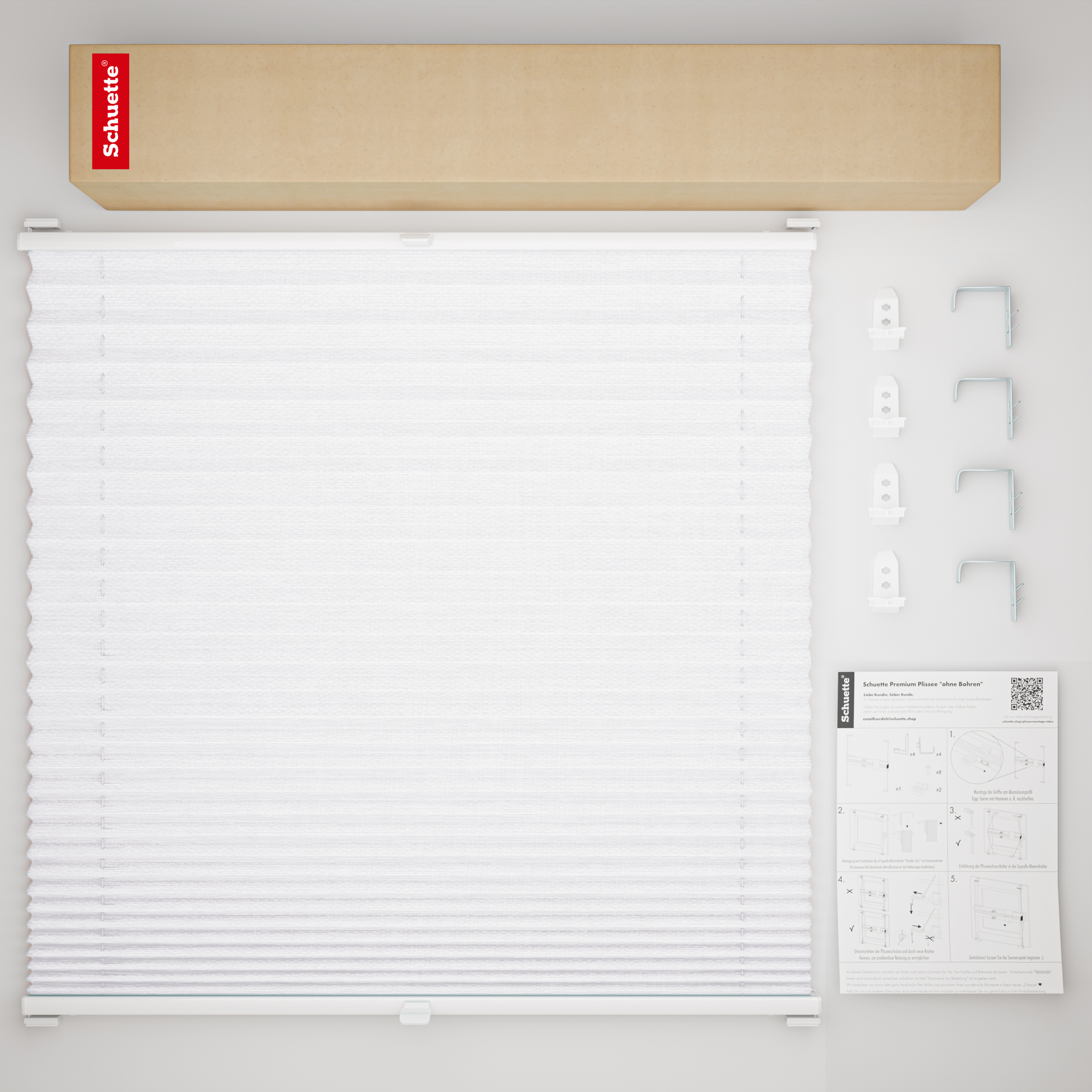 Schuette® Plissee mit Bohren nach Maß • Suprafix "Double 2in1" Schraub- & Klemmhalter • Dolomite Kollektion: Cold Morning (Grau) • Profilfarbe: Walnuss