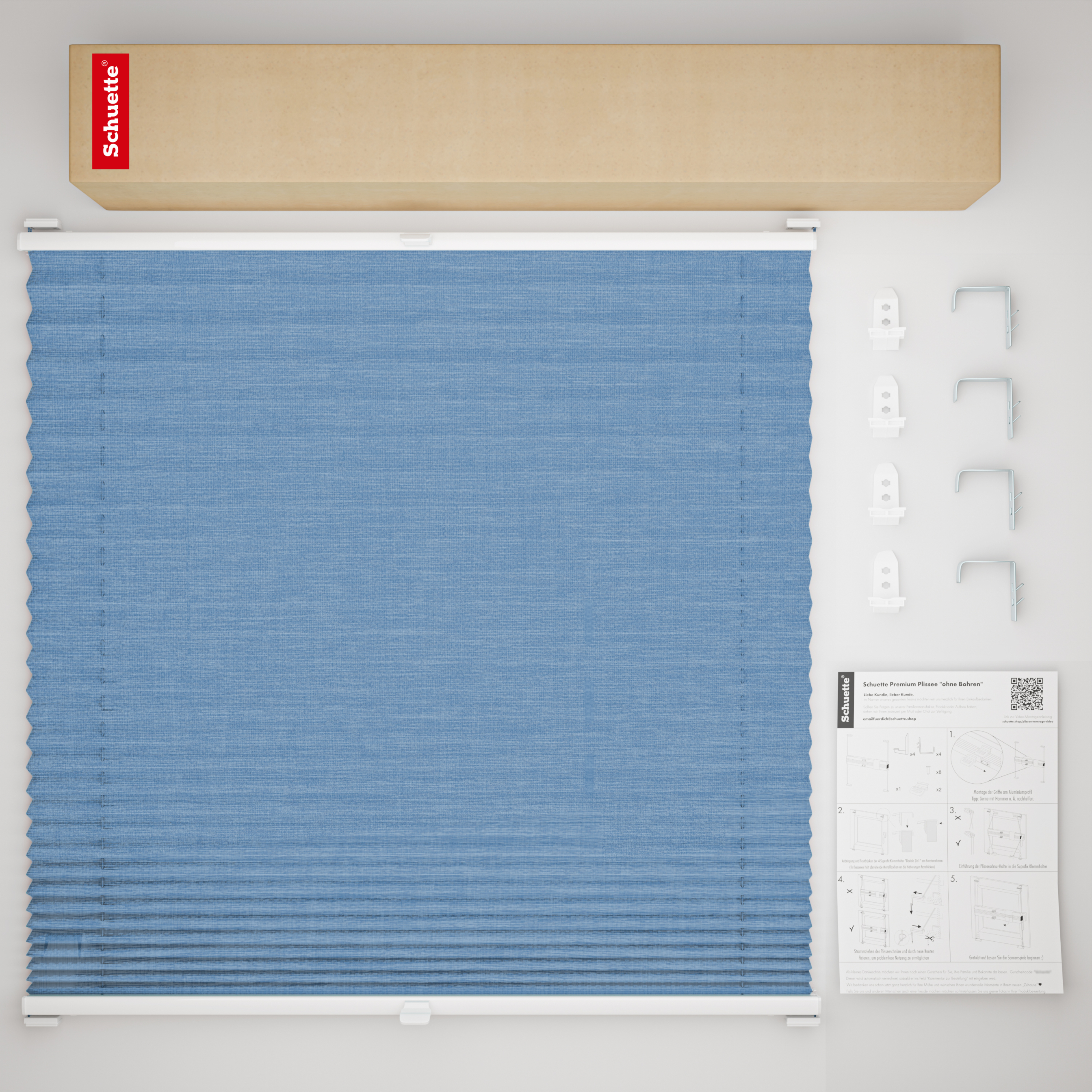 Schuette® Plissee mit Bohren nach Maß • Suprafix "Double 2in1" Schraub- & Klemmhalter • Melange Kollektion: Deep Sea (Blau) • Profilfarbe: Eiche