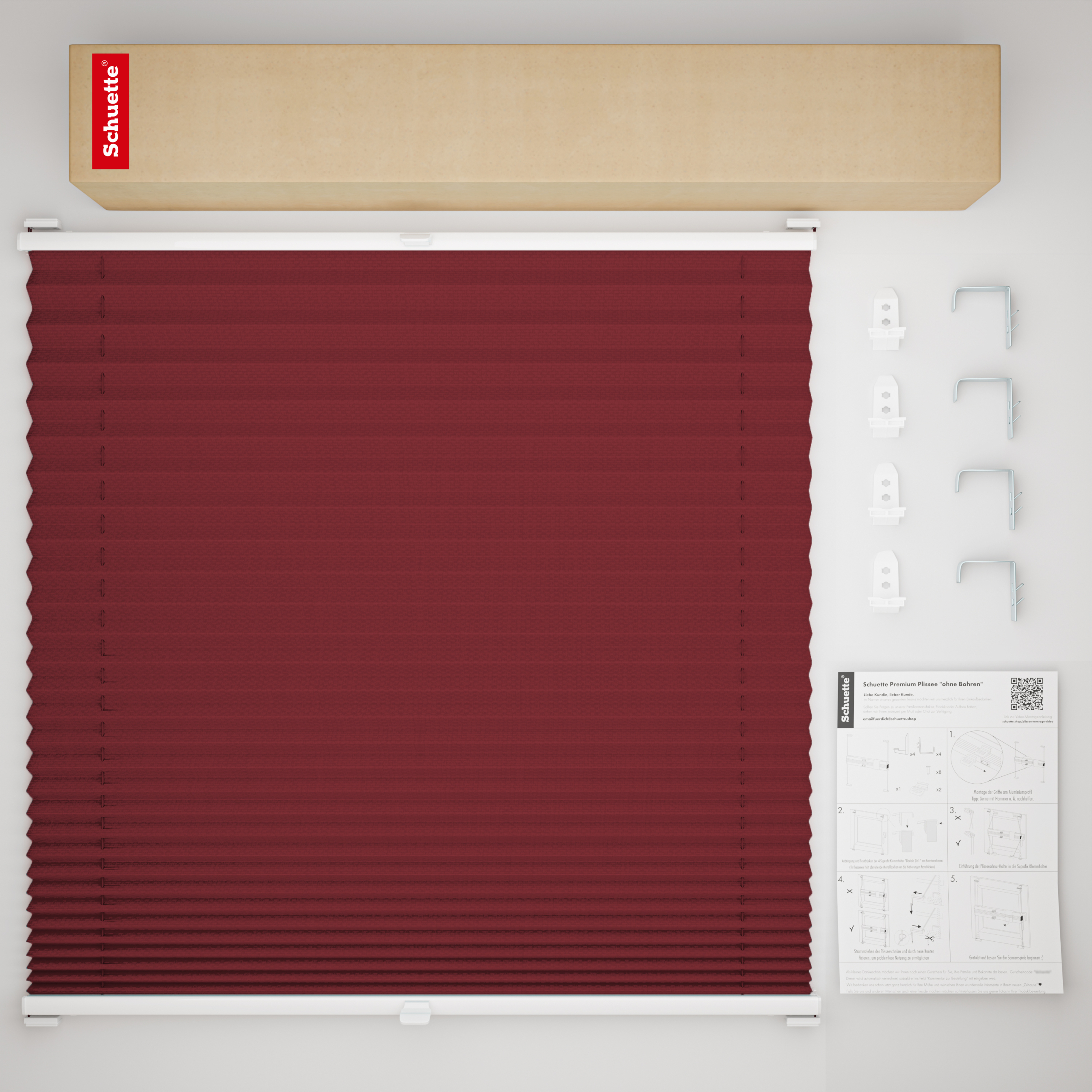 Schuette® Plissee mit Bohren nach Maß • Suprafix "Double 2in1" Schraub- & Klemmhalter • Premium Kollektion: Ruby Riddle (Dunkelrot) • Profilfarbe: Weiß