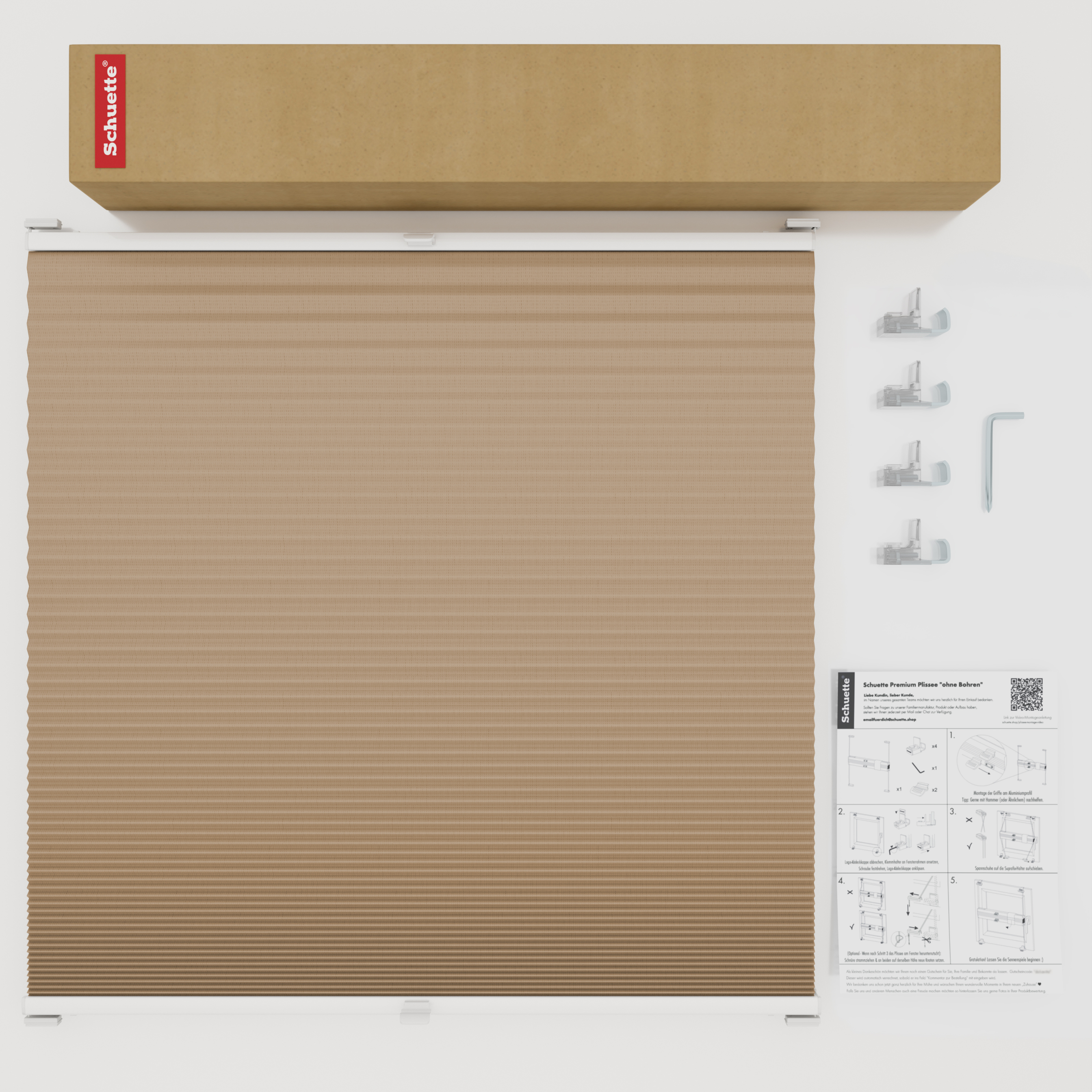 Schuette® Wabenplissee ohne Bohren nach Maß • Suprafix Klemmhalter “Incognito X" • Honey Kollektion: Honeywood (Sand) • Profilfarbe: Weiß