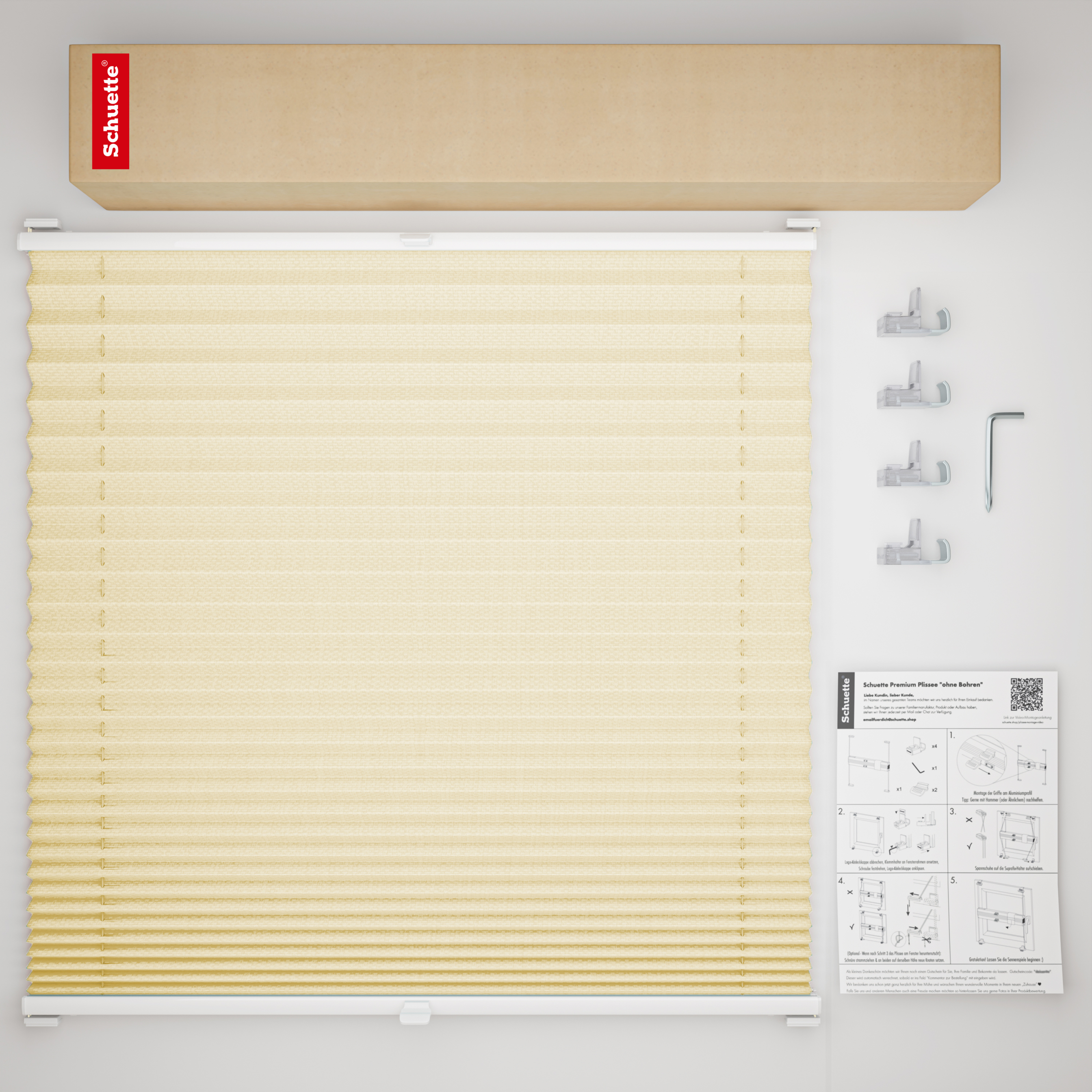 Schuette® Plissee ohne Bohren nach Maß • Suprafix Klemmhalter “Incognito X" • Thermo Kollektion: Milk Tea (Beige) • Profilfarbe: Weiß