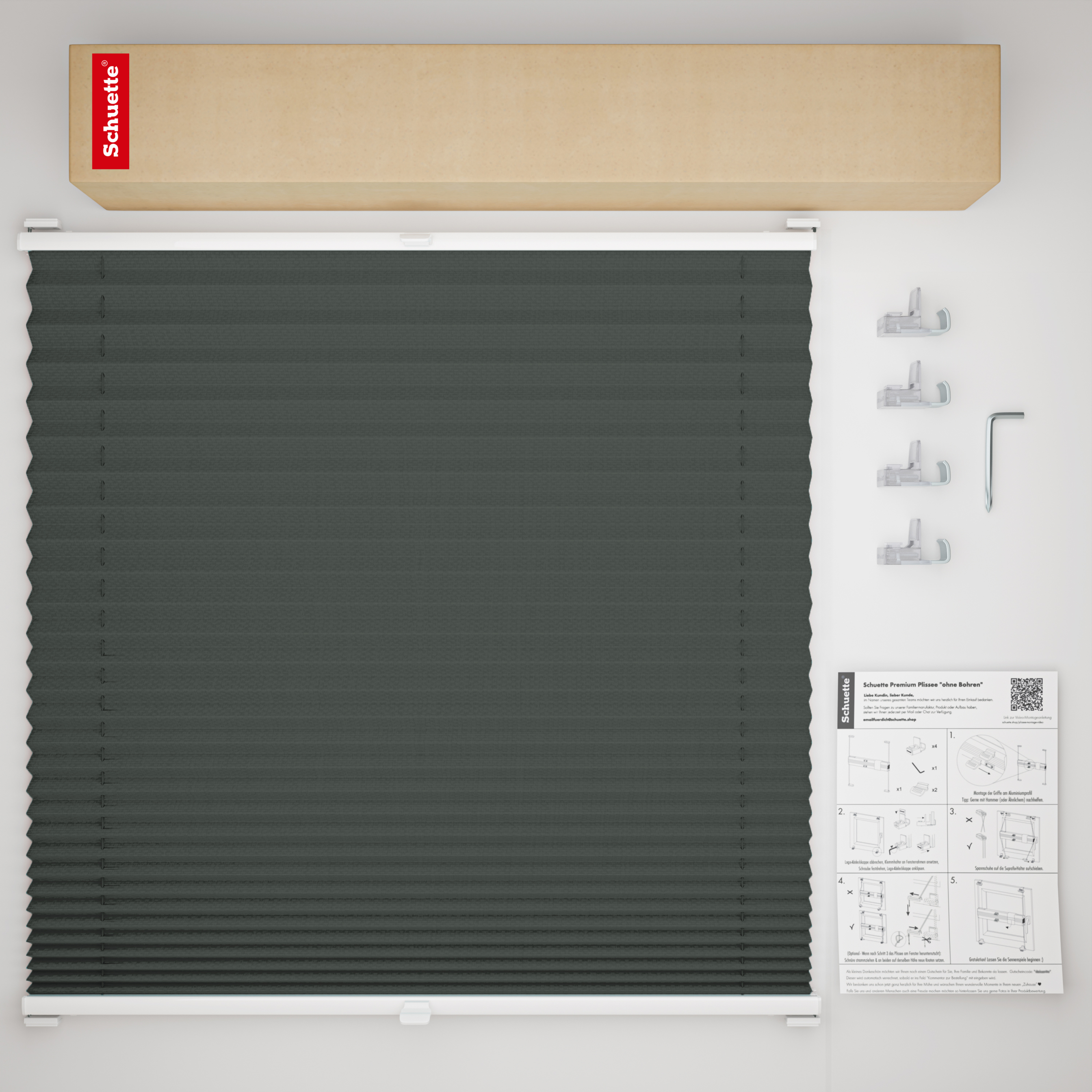Schuette® Plissee ohne Bohren nach Maß • Suprafix Klemmhalter “Incognito X" • Thermo Kollektion: Before Storm (Grau) • Profilfarbe: Anthrazit