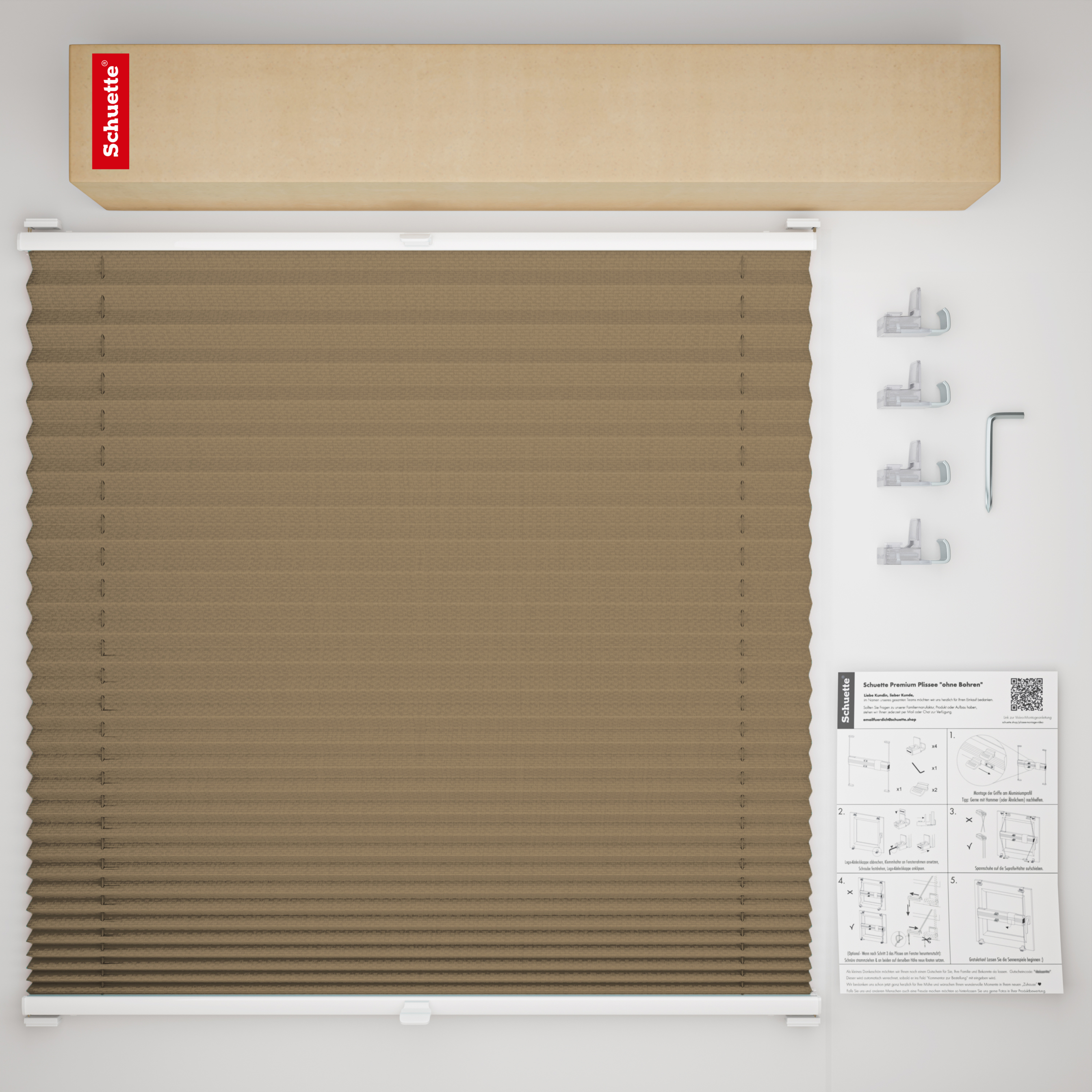 Schuette® Plissee ohne Bohren nach Maß • Suprafix Klemmhalter “Incognito X" • Thermo Kollektion: Mocha Dream (Hellbraun) • Profilfarbe: Weiß
