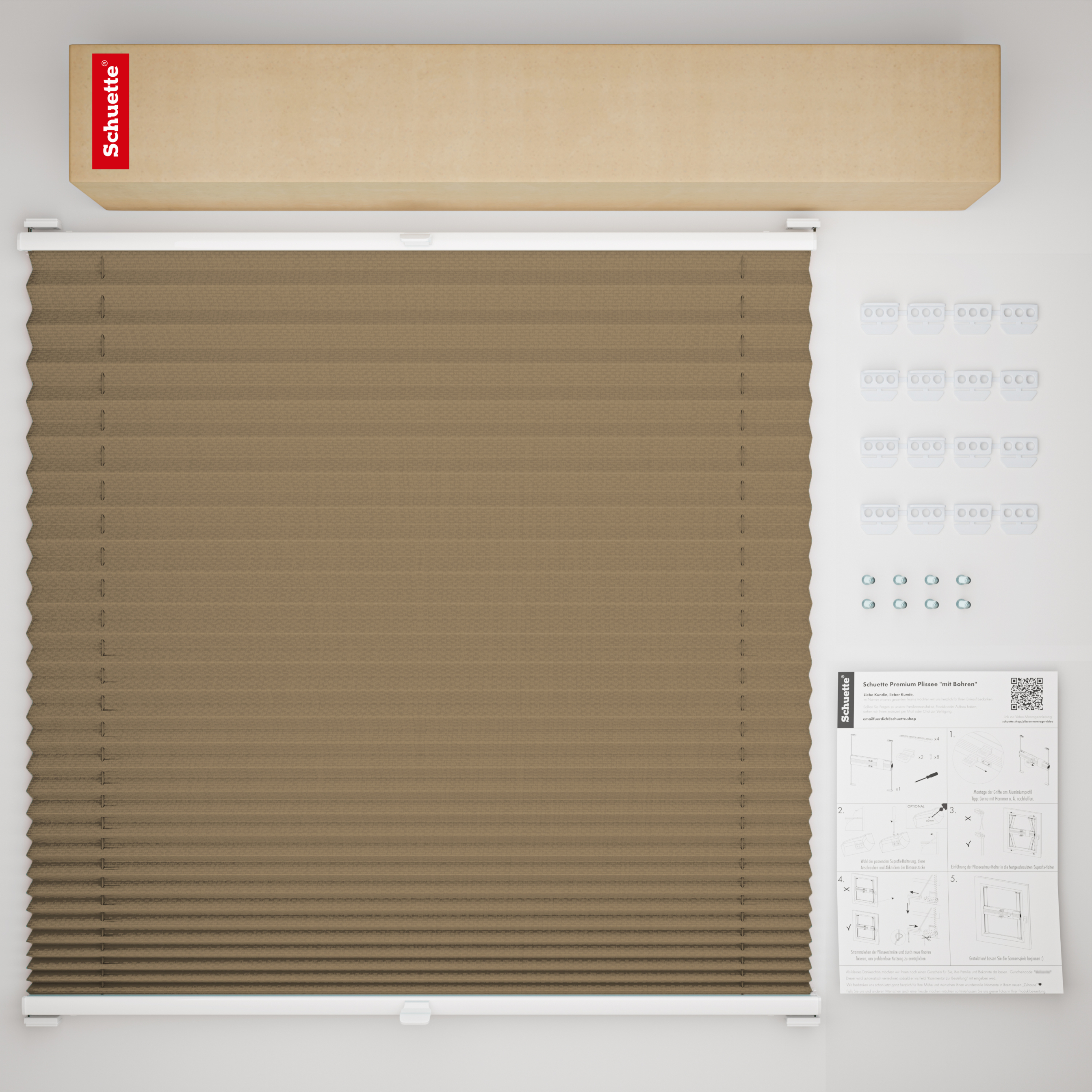 Schuette® Plissee mit Bohren nach Maß • Suprafix Halterungen “Mit Bohren” • Premium Kollektion: Morning Coffee (Hellbraun) • Profilfarbe: Weiß