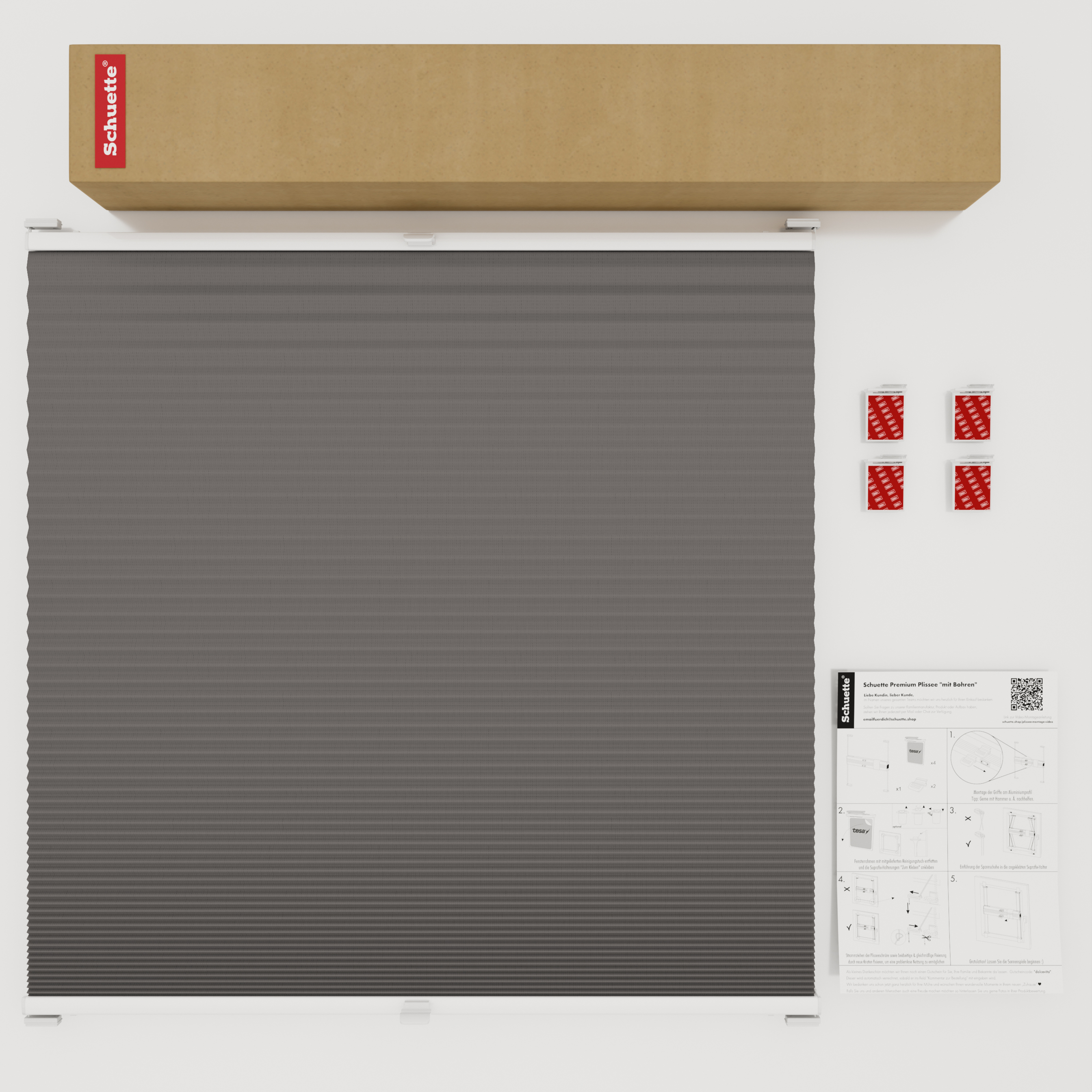 Schuette® Wabenplissee ohne Bohren nach Maß • Klebehalter & Schraubhalter 2in1 Set "Letsbond" • Honey Kollektion: Swiss Chocolate (Taupe) • Profilfarbe: Weiß