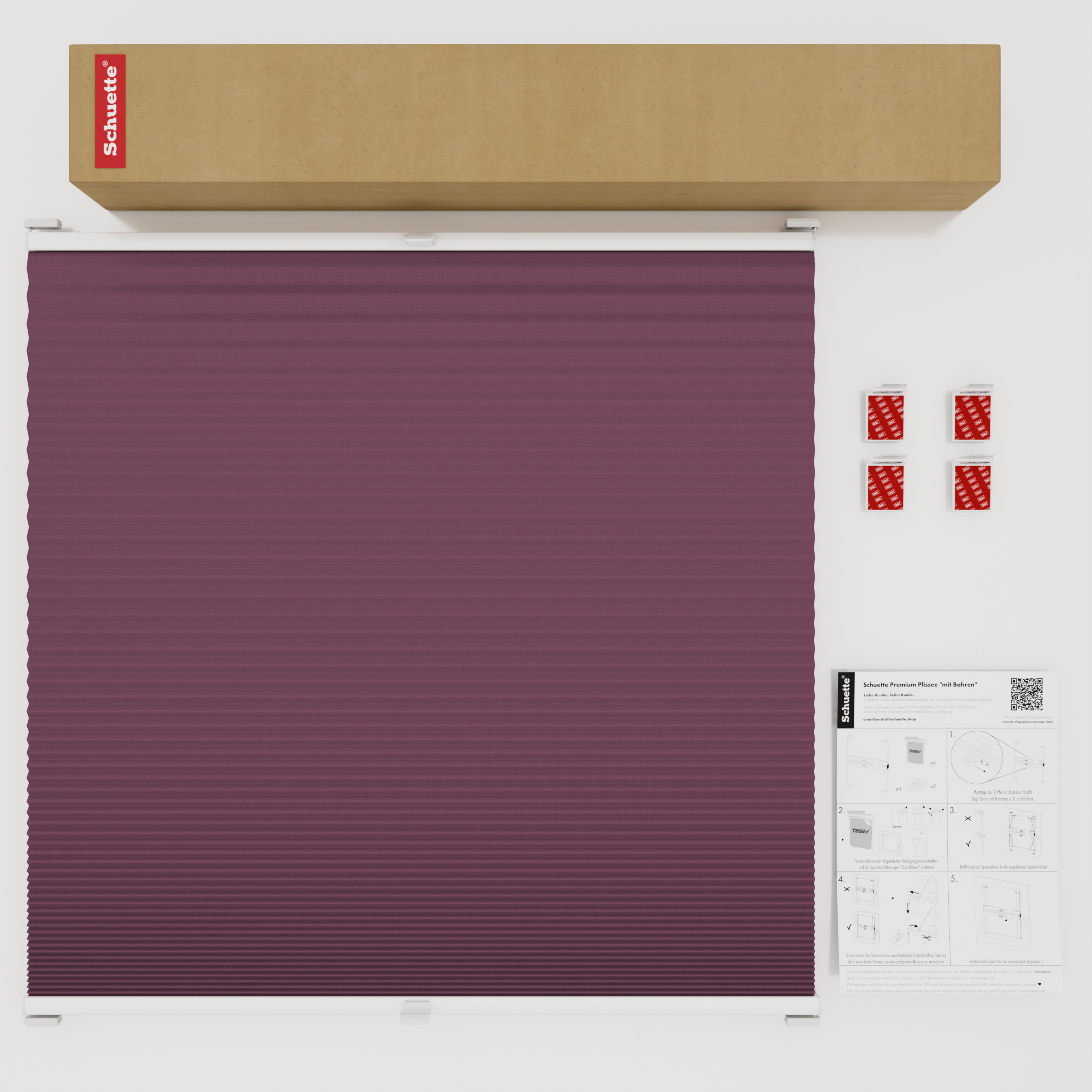 Schuette® Wabenplissee ohne Bohren nach Maß • Klebehalter & Schraubhalter 2in1 Set "Letsbond" Transparent • Honey Kollektion: Red Velvet (Purpurrot) • Profilfarbe: Weiß