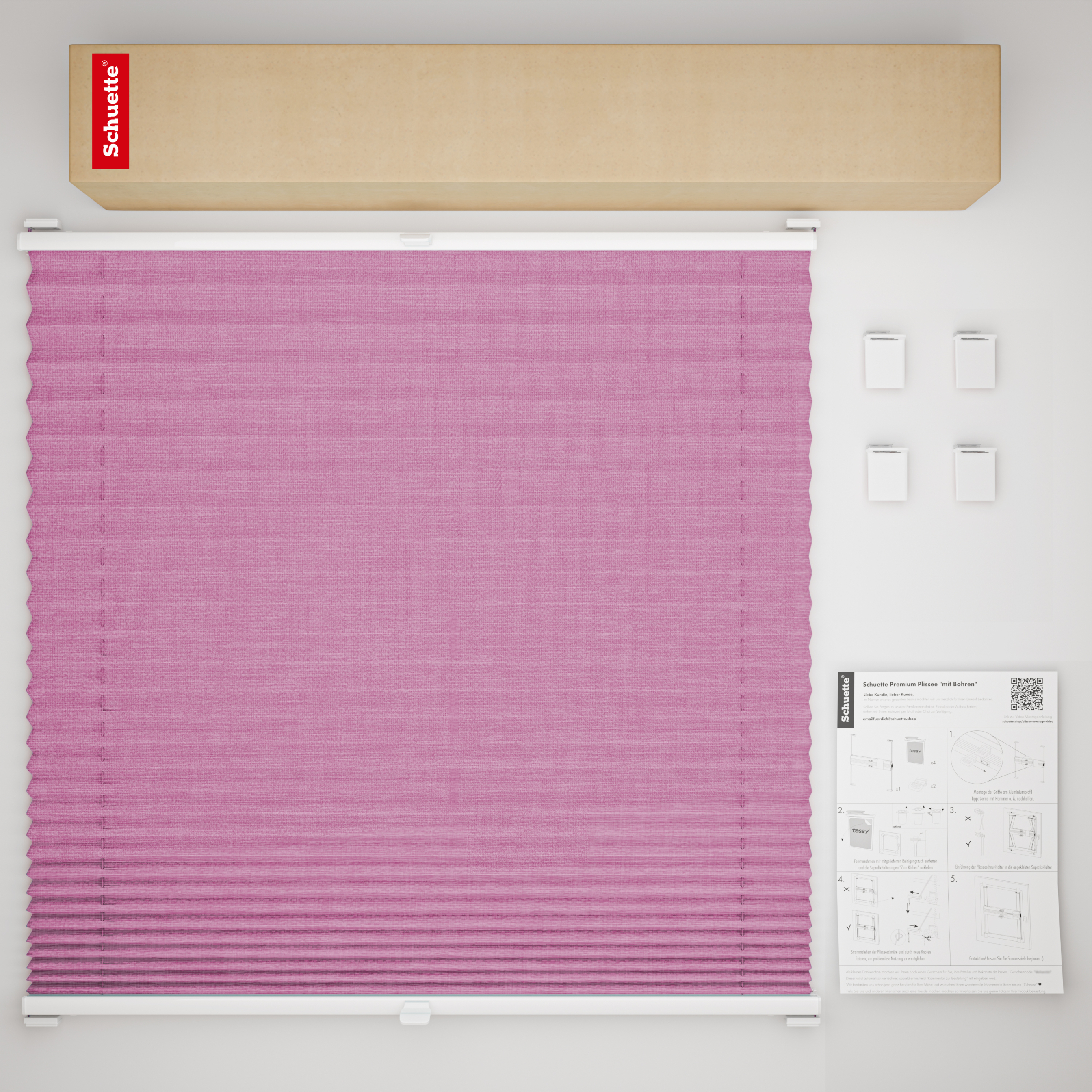 Schuette® Plissee ohne Bohren nach Maß • Suprafix Halterung “Zum Kleben” • Melange Kollektion: Magic Pink (Rosa) • Profilfarbe: Weiß