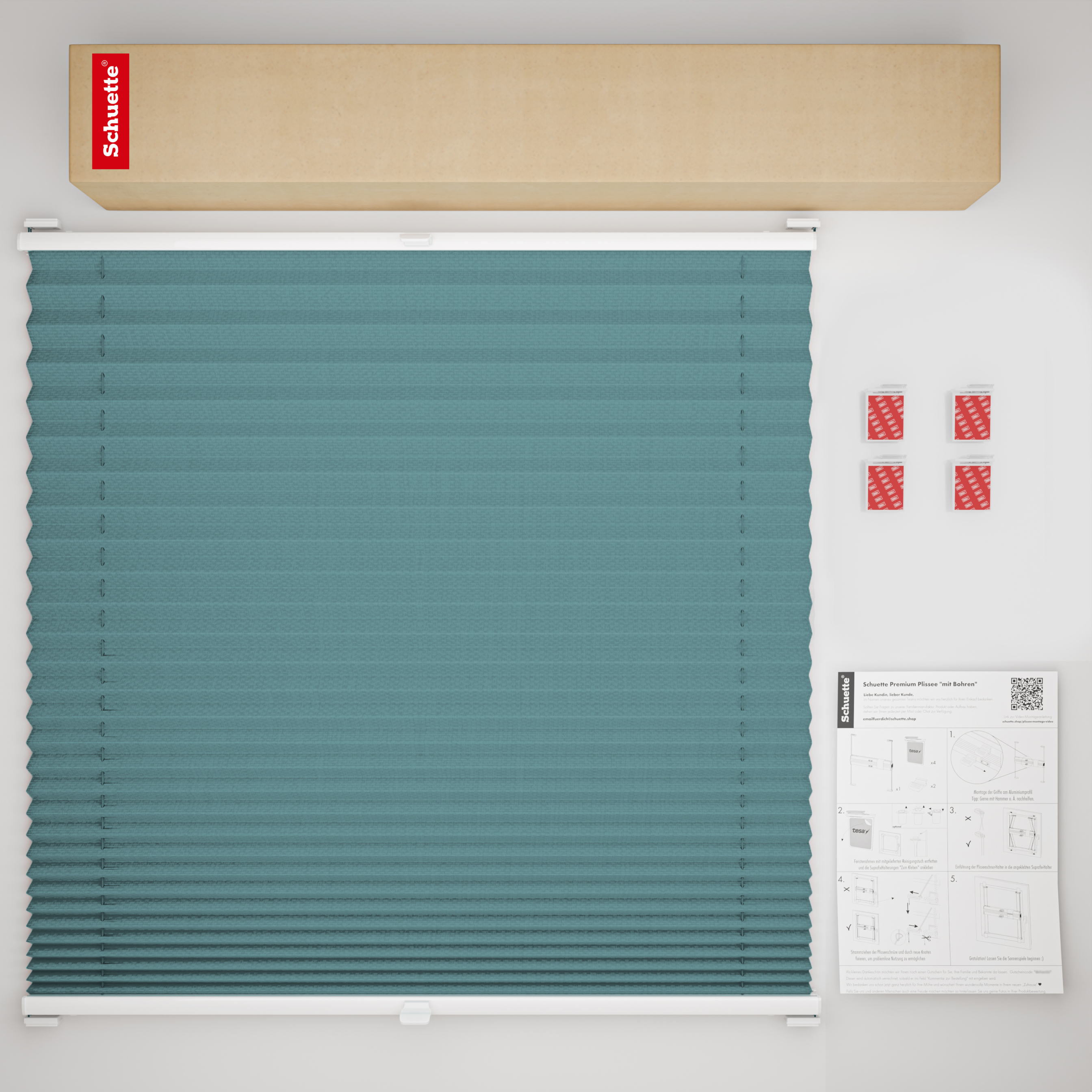 Schuette® Plissee ohne Bohren nach Maß • Suprafix Halterung “Zum Kleben” • Thermo Kollektion: Teal Aura (Türkis) • Profilfarbe: Silber