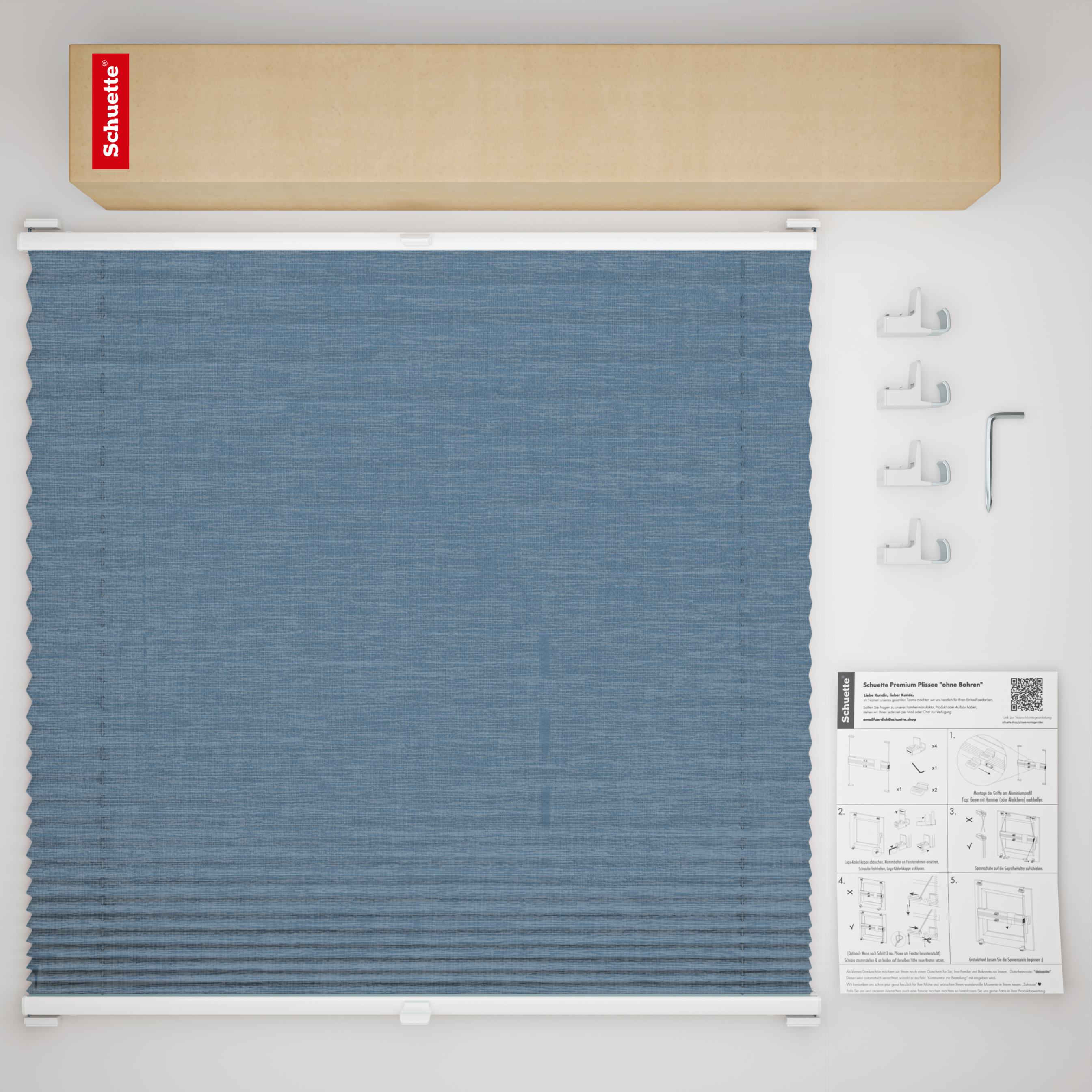 Schuette® Plissee ohne Bohren nach Maß • Suprafix Klemmhalter "X" • Melange Kollektion: After Rain (Blau) • Profilfarbe: Walnuss