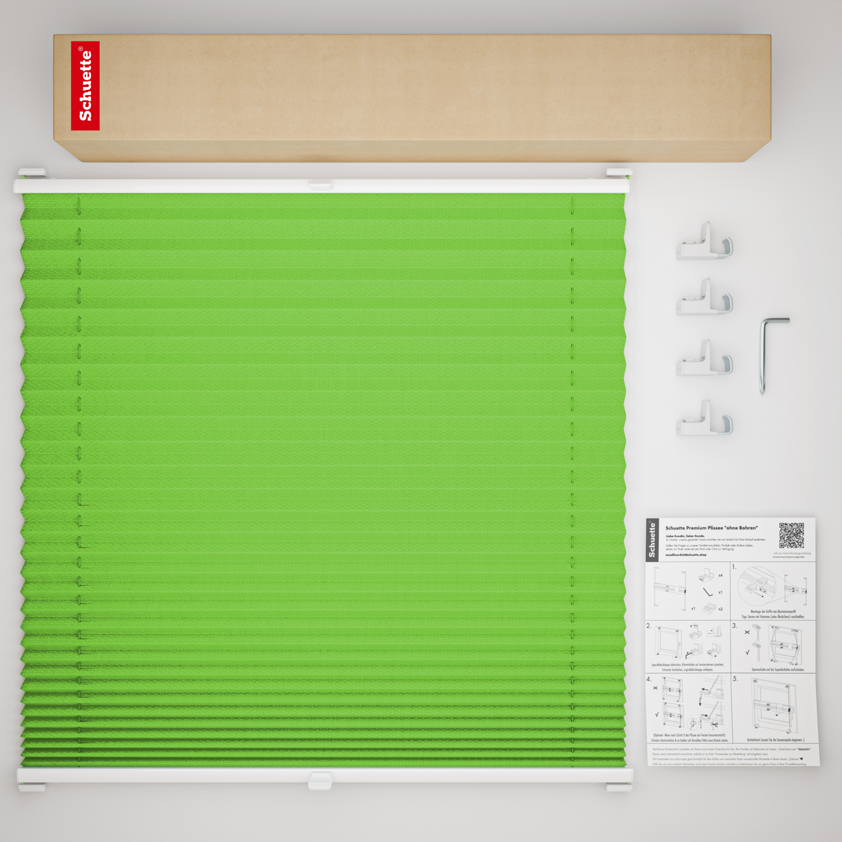 Schuette® Plissee ohne Bohren nach Maß • Suprafix Klemmhalter "X" • Thermo Kollektion: Leaf Joy (Grün) • Profilfarbe: Eiche