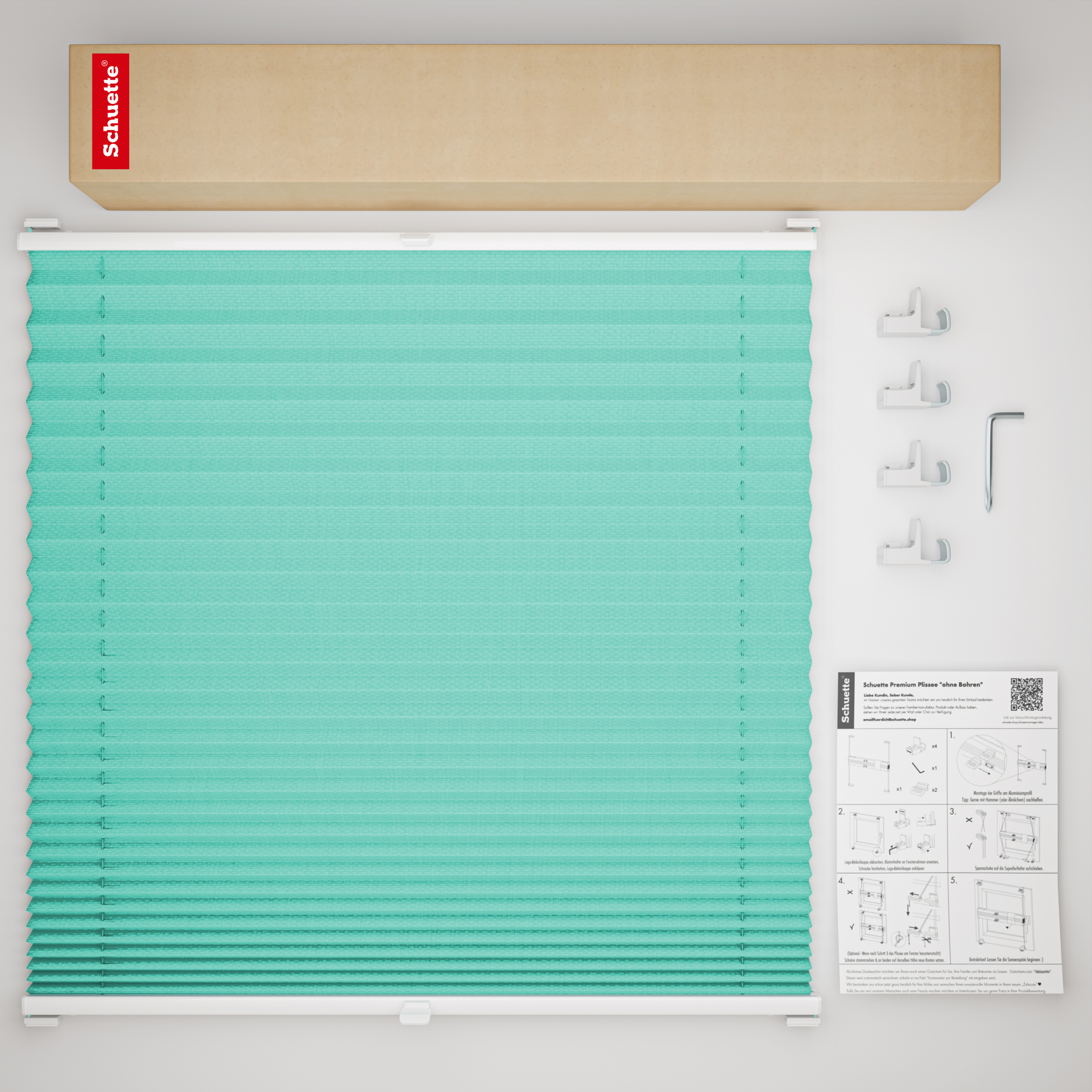 Schuette® Plissee ohne Bohren nach Maß • Suprafix Klemmhalter "X" • Thermo Kollektion: Tide Tune (Türkis) • Profilfarbe: Eiche