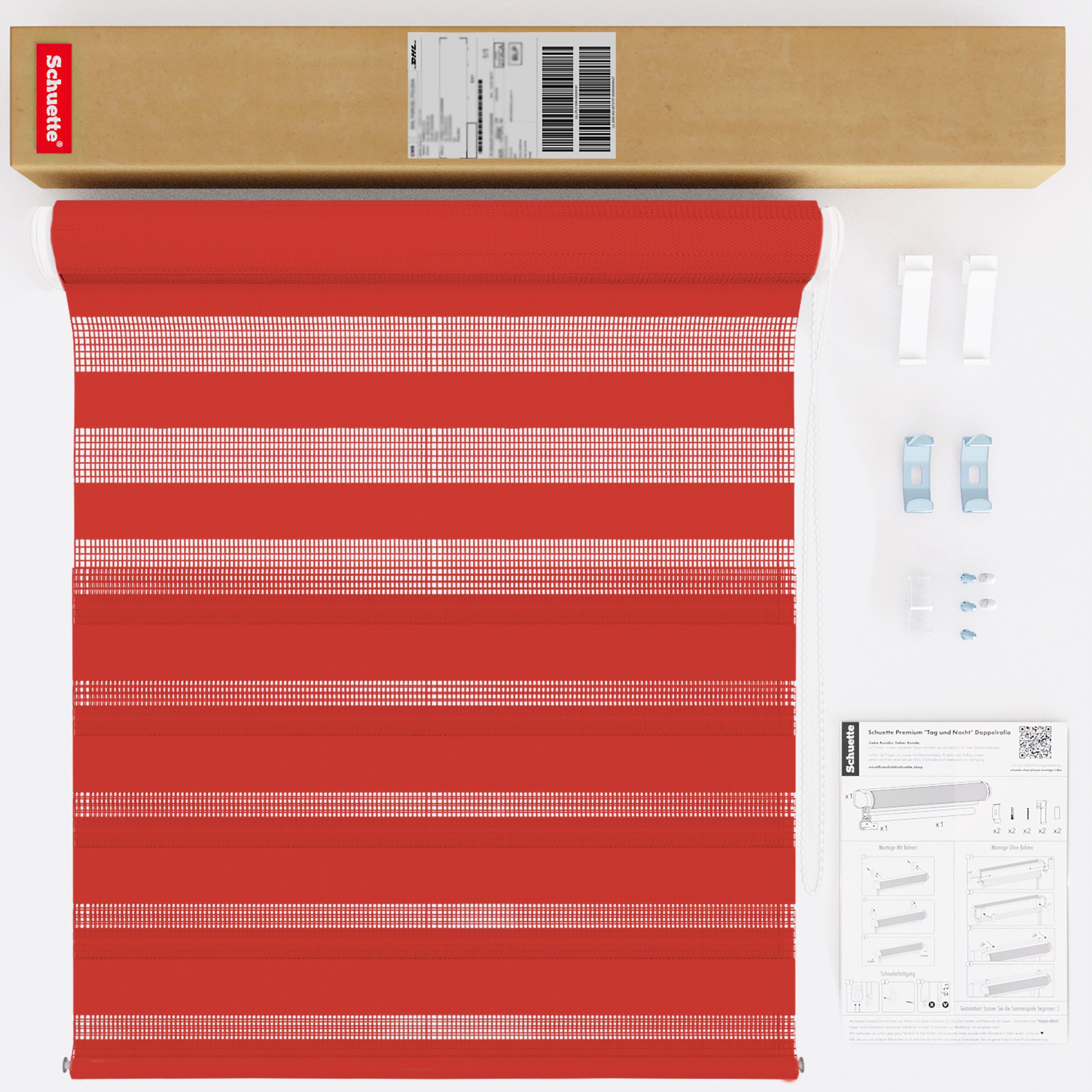 Schuette® Tag und Nacht Rollo ohne Bohren & mit Bohren 2in1 nach Maß • Doppelrollo Kollektion: Red Rose (Rot) • Profilfarbe: Schwarz