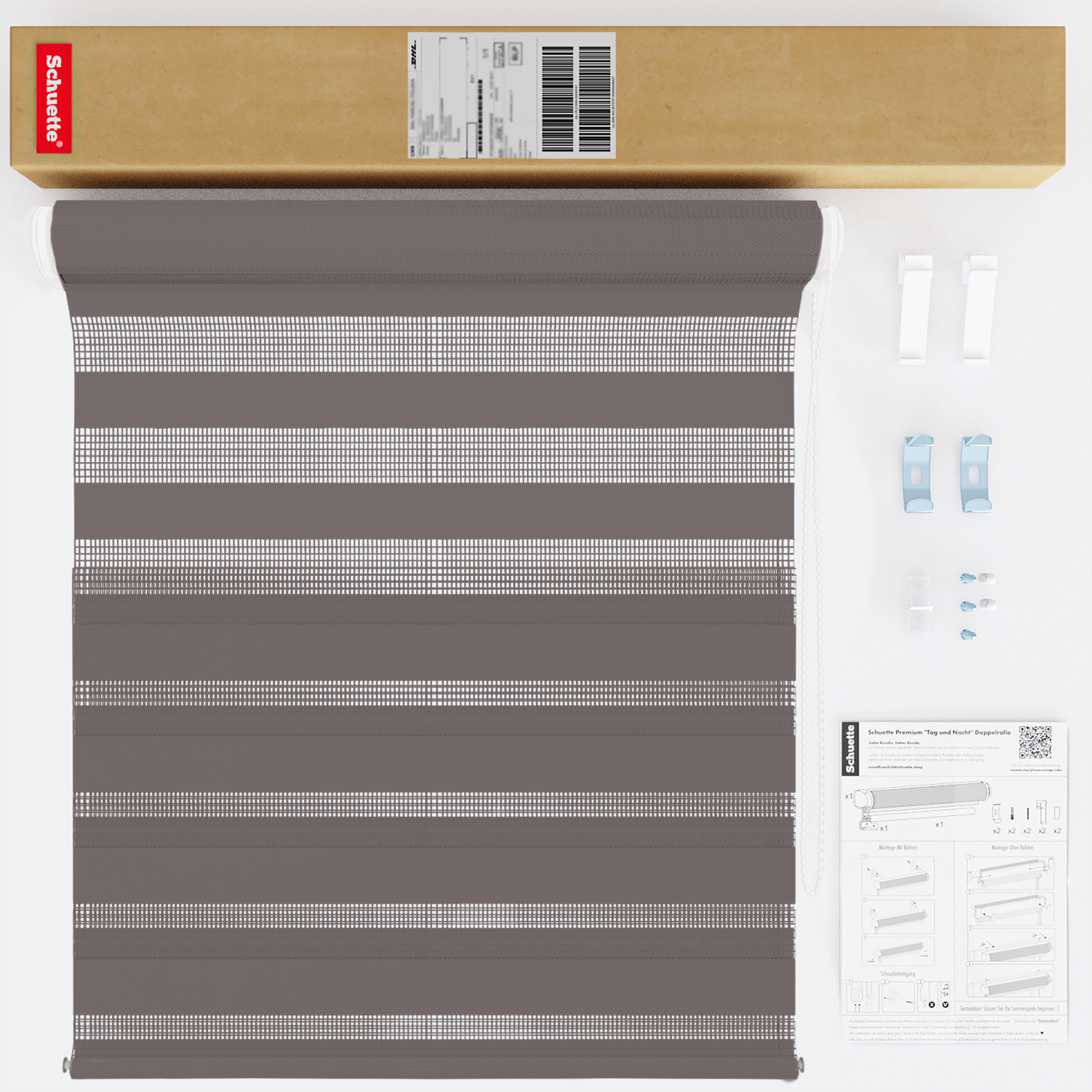 Schuette® Tag und Nacht Rollo ohne Bohren & mit Bohren 2in1 nach Maß • Doppelrollo Kollektion: Grey Lead (Grau) • Profilfarbe: Weiß