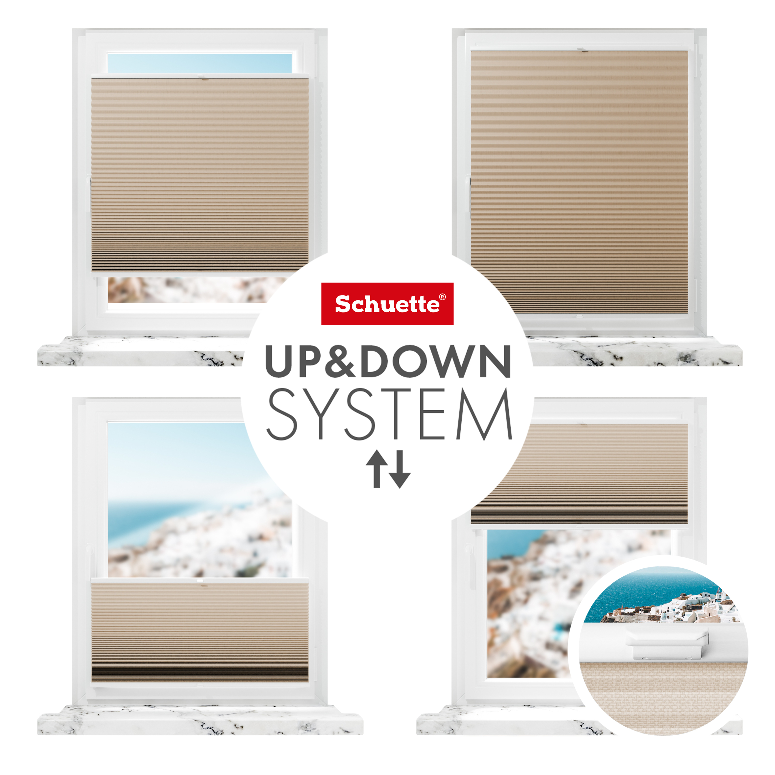 Schuette® Wabenplissee ohne Bohren nach Maß • Klebehalter & Schraubhalter 2in1 Set "Letsbond" • Honey Kollektion: Honeywood (Sand) • Profilfarbe: Weiß