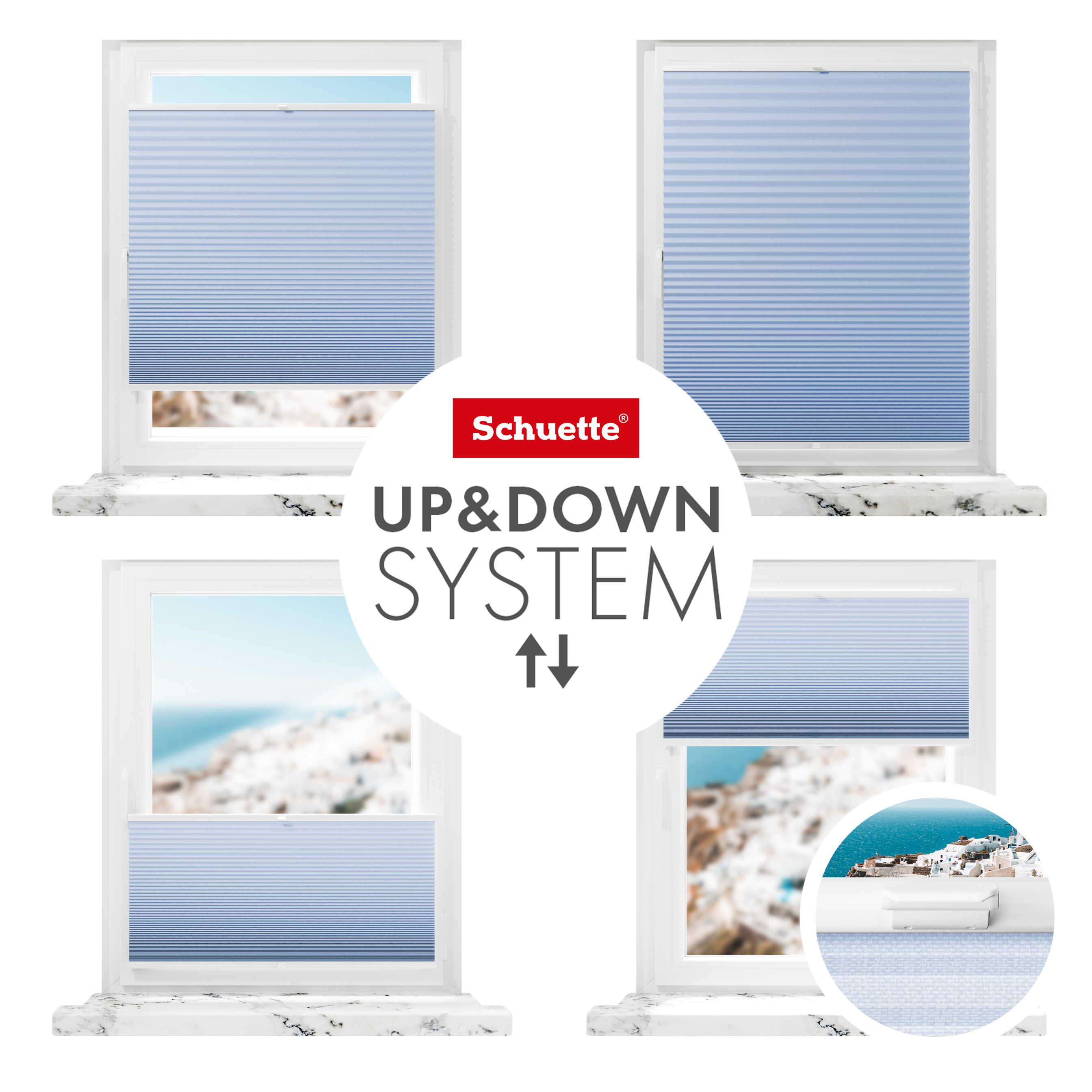 Schuette® Wabenplissee ohne Bohren nach Maß • Klebehalter & Schraubhalter 2in1 Set "Letsbond" Transparent • Honey Kollektion: Ocean Drive (Hellblau) • Profilfarbe: Walnuss