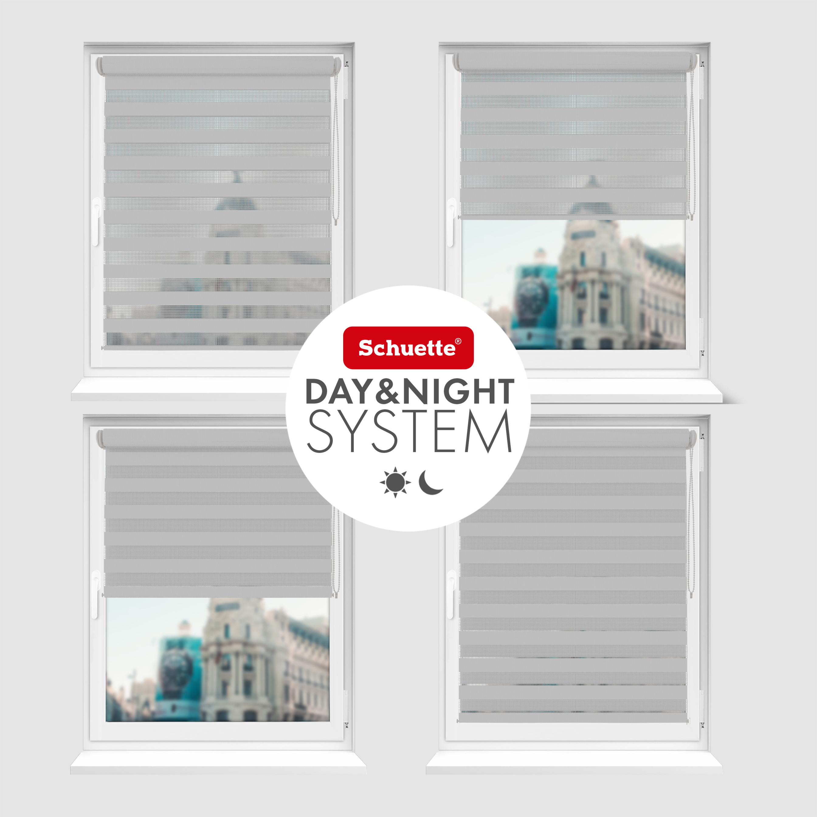 Schuette® Tag und Nacht Rollo ohne Bohren & mit Bohren 2in1 nach Maß • Doppelrollo Kollektion: Cloudy Day (Grau) • Profilfarbe: Weiß