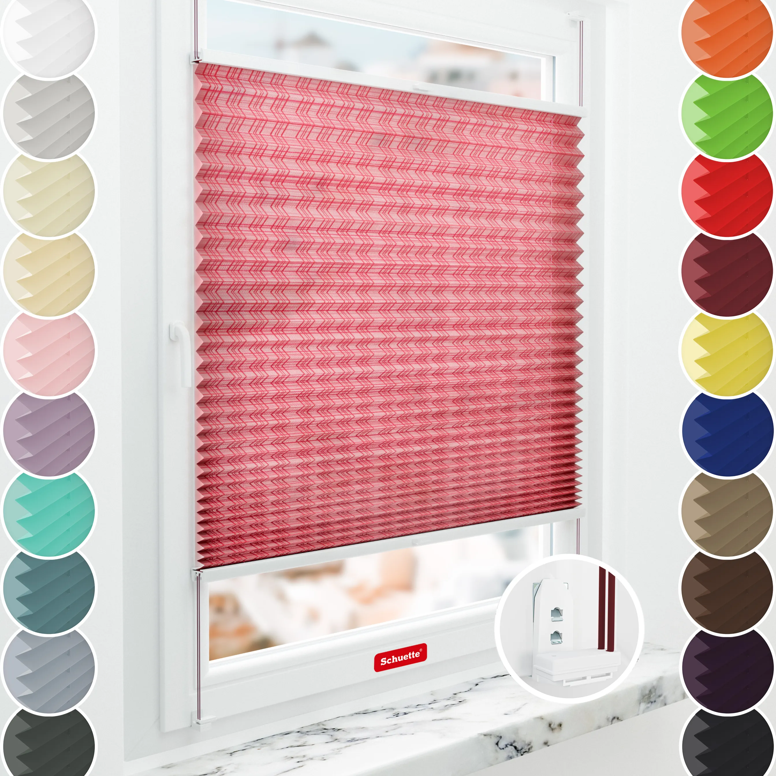 Schuette® Plissee mit Muster nach Maß • Limited Kollektion: Rose Petals (Rot) • Suprafix "Double 2in1" Schraub- & Klemmhalter • Profilfarbe: Weiß