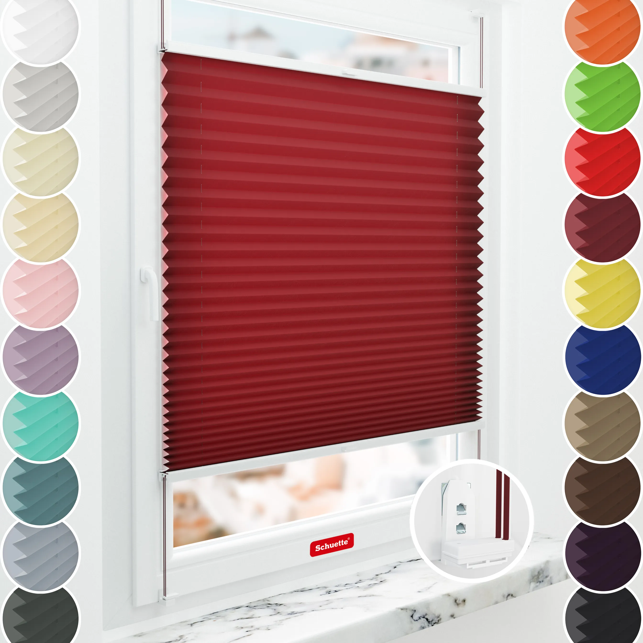 Schuette® Plissee mit Muster nach Maß • Limited Kollektion: Deep Affection (Rot) • Suprafix "Double 2in1" Schraub- & Klemmhalter • Profilfarbe: Braun