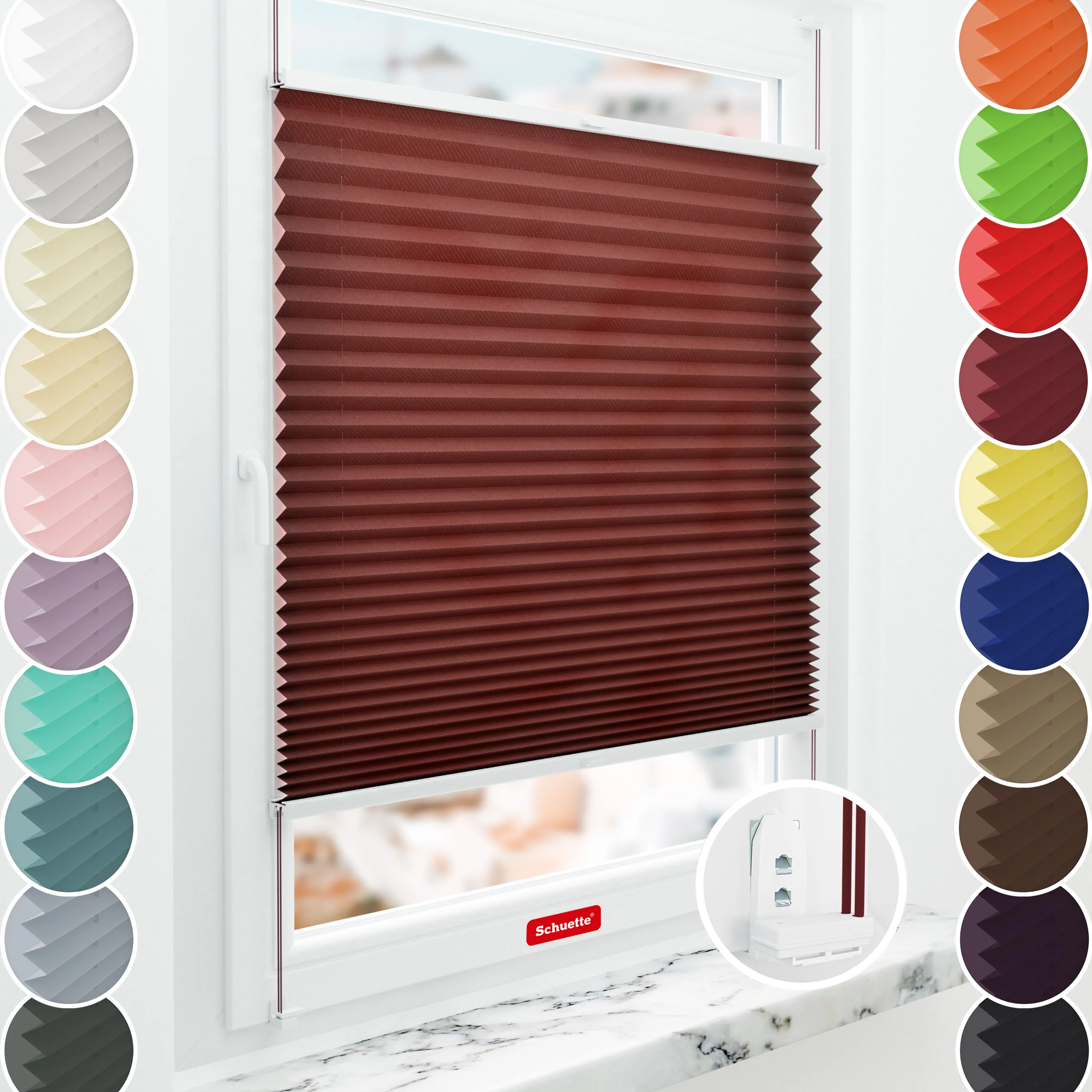Schuette® Plissee mit Muster nach Maß • Limited Kollektion: Casual Romance (Rot) • Suprafix "Double 2in1" Schraub- & Klemmhalter • Profilfarbe: Weiß