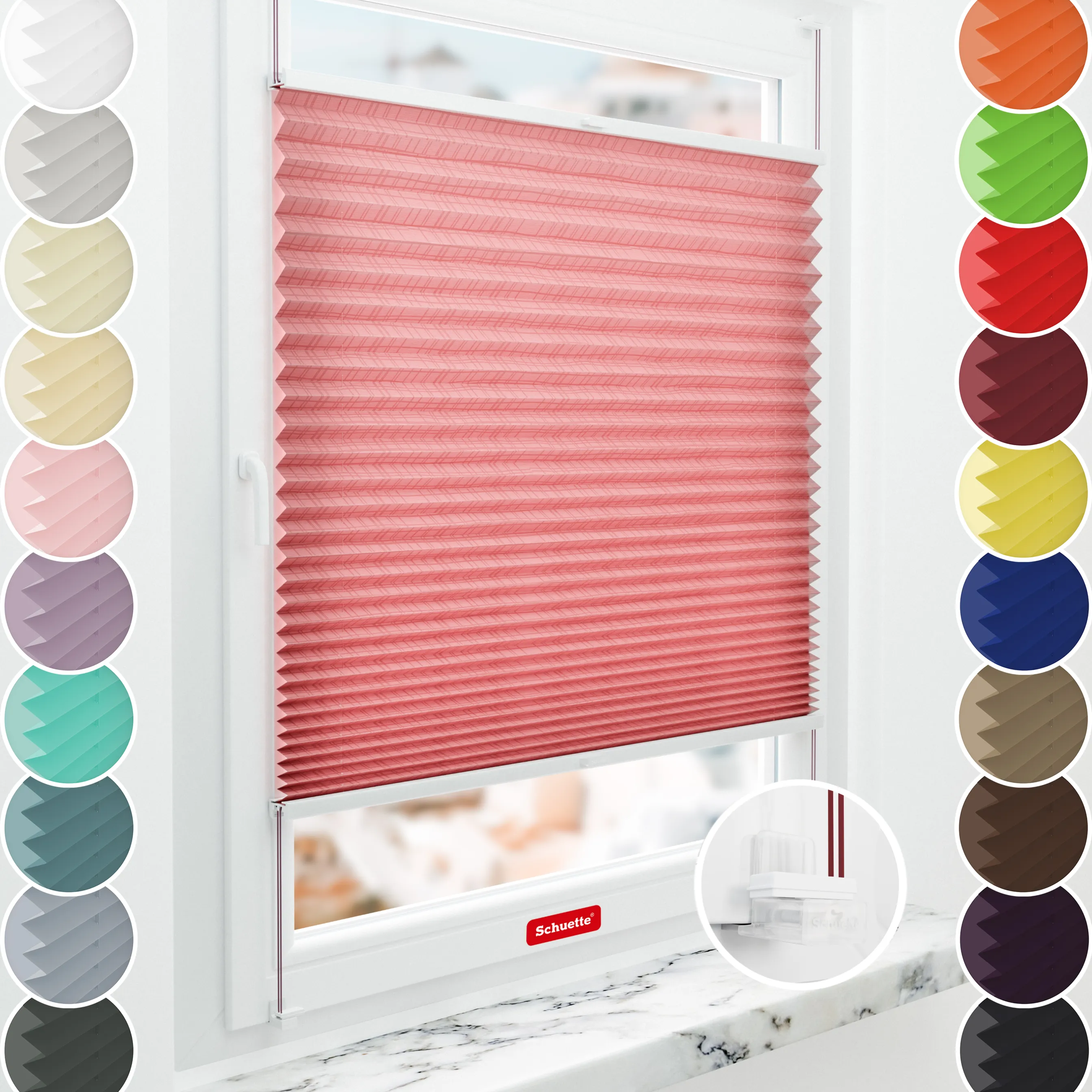 Schuette® Plissee mit Muster nach Maß • Limited Kollektion: Sheer Romance (Rosa) • Suprafix Klemmhalter “Incognito X" • Profilfarbe: Braun