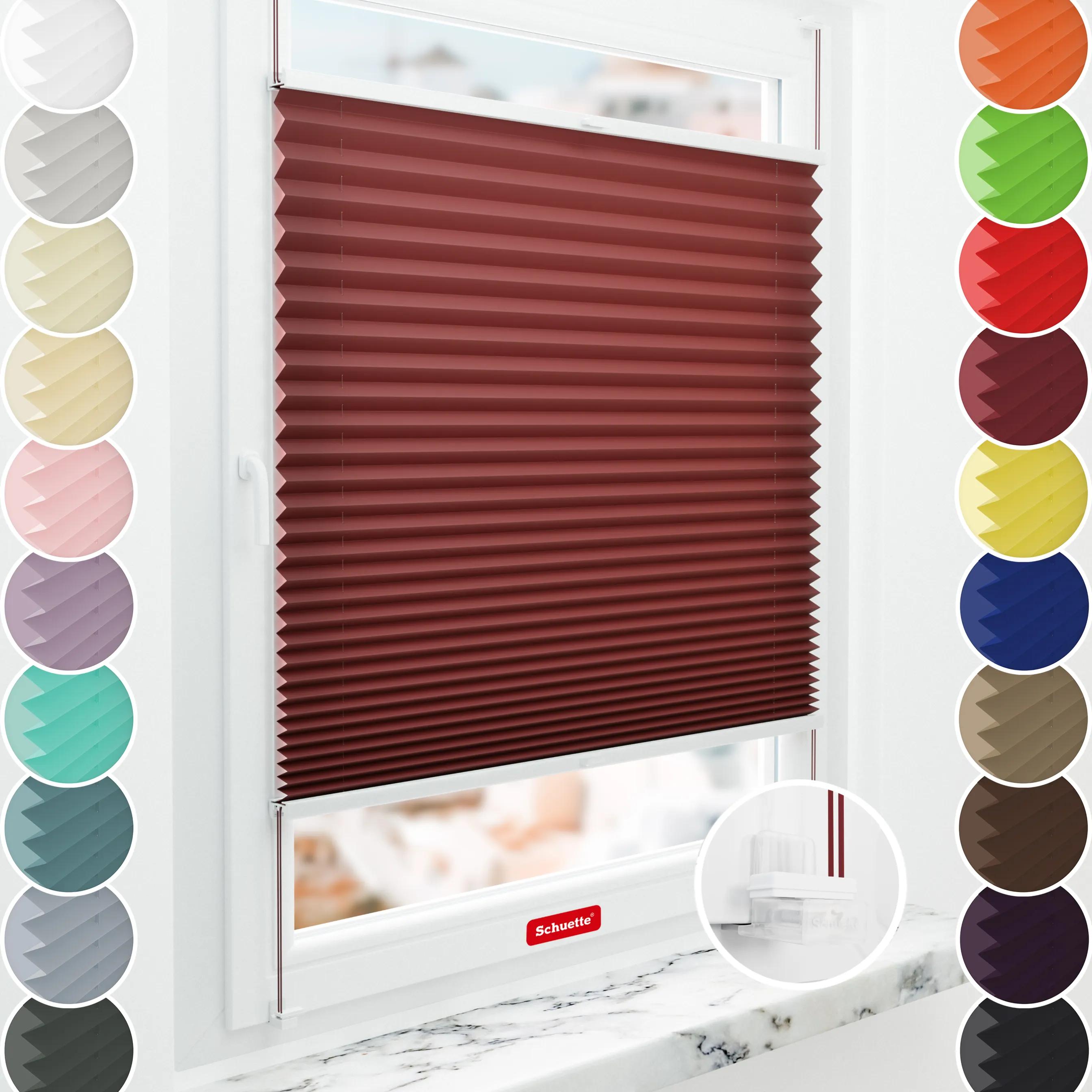 Schuette® Plissee mit Muster nach Maß • Limited Kollektion: Burning Desire (Rot) • Suprafix Klemmhalter “Incognito X" • Profilfarbe: Braun