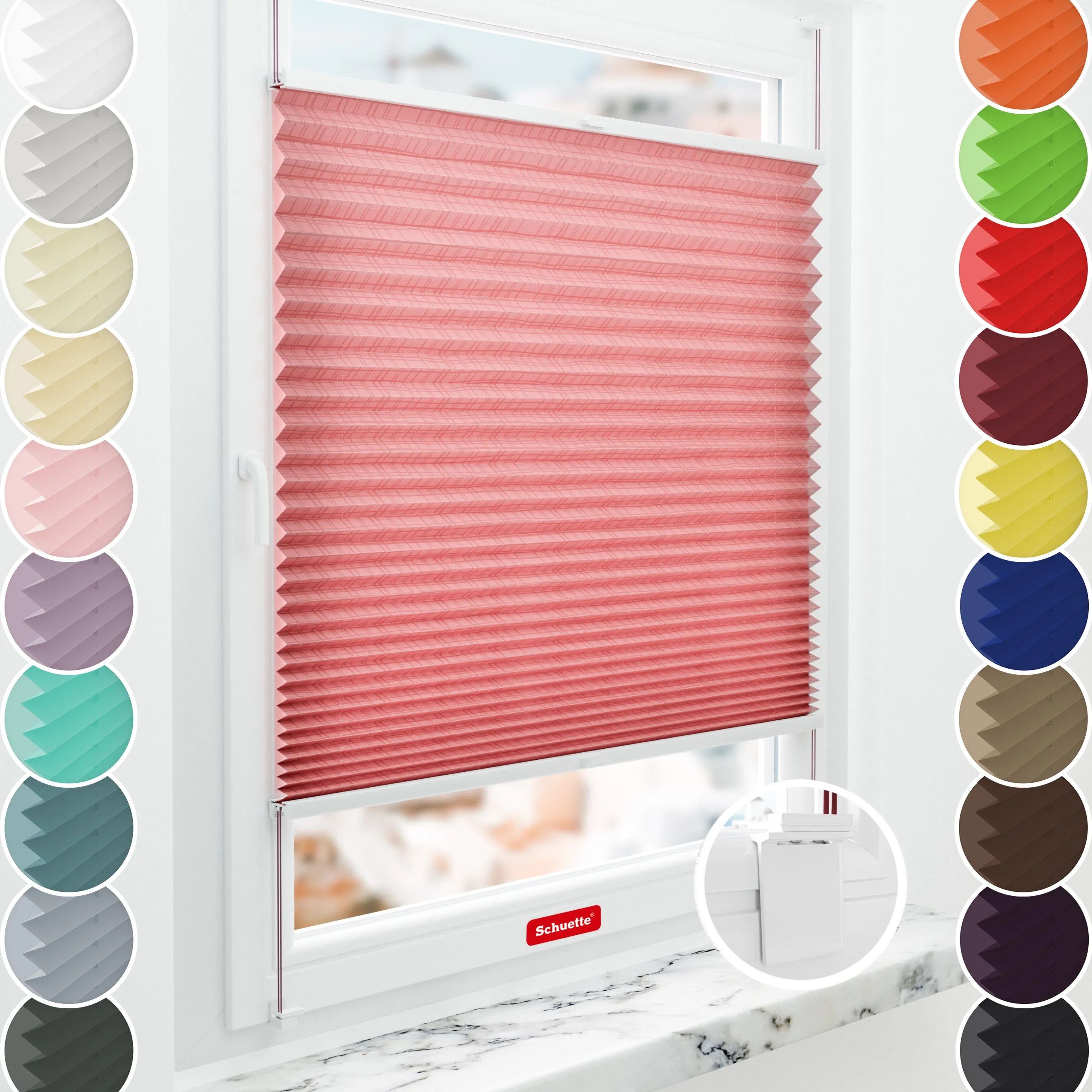 Schuette® Plissee mit Muster nach Maß • Limited Kollektion: Sheer Romance (Rosa) • Suprafix Klebe- & Schraubhalter 2in1 Set "Letsbond Transparent" • Profilfarbe: Eiche