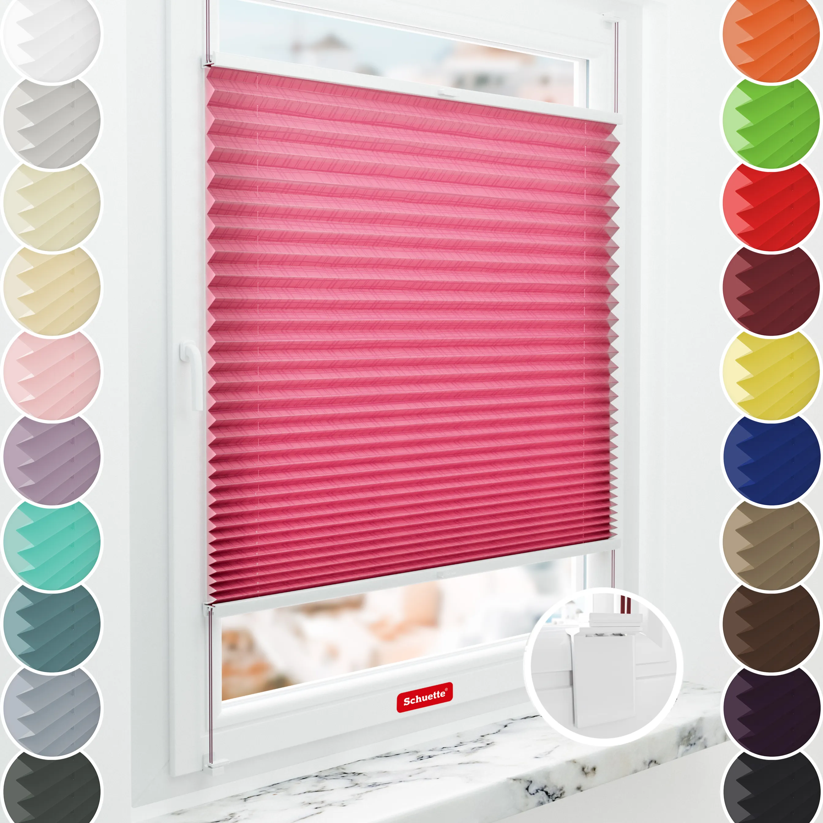 Schuette® Plissee mit Muster nach Maß • Limited Kollektion: Pink Veil (Rosa) • Suprafix Klebe- & Schraubhalter 2in1 Set "Letsbond Transparent" • Profilfarbe: Walnuss