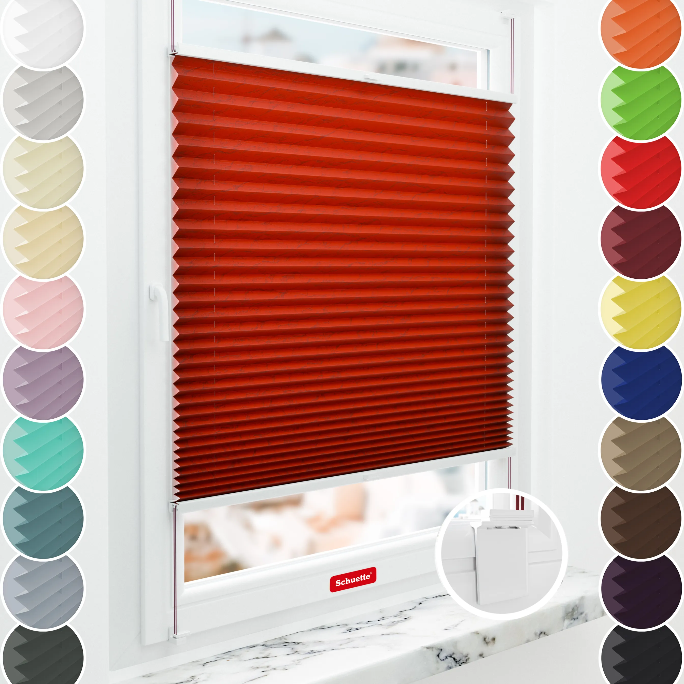 Schuette® Plissee mit Muster nach Maß • Limited Kollektion: Unbroken Hear (Rot) • Suprafix Klebe- & Schraubhalter 2in1 Set "Letsbond Transparent" • Profilfarbe: Silber