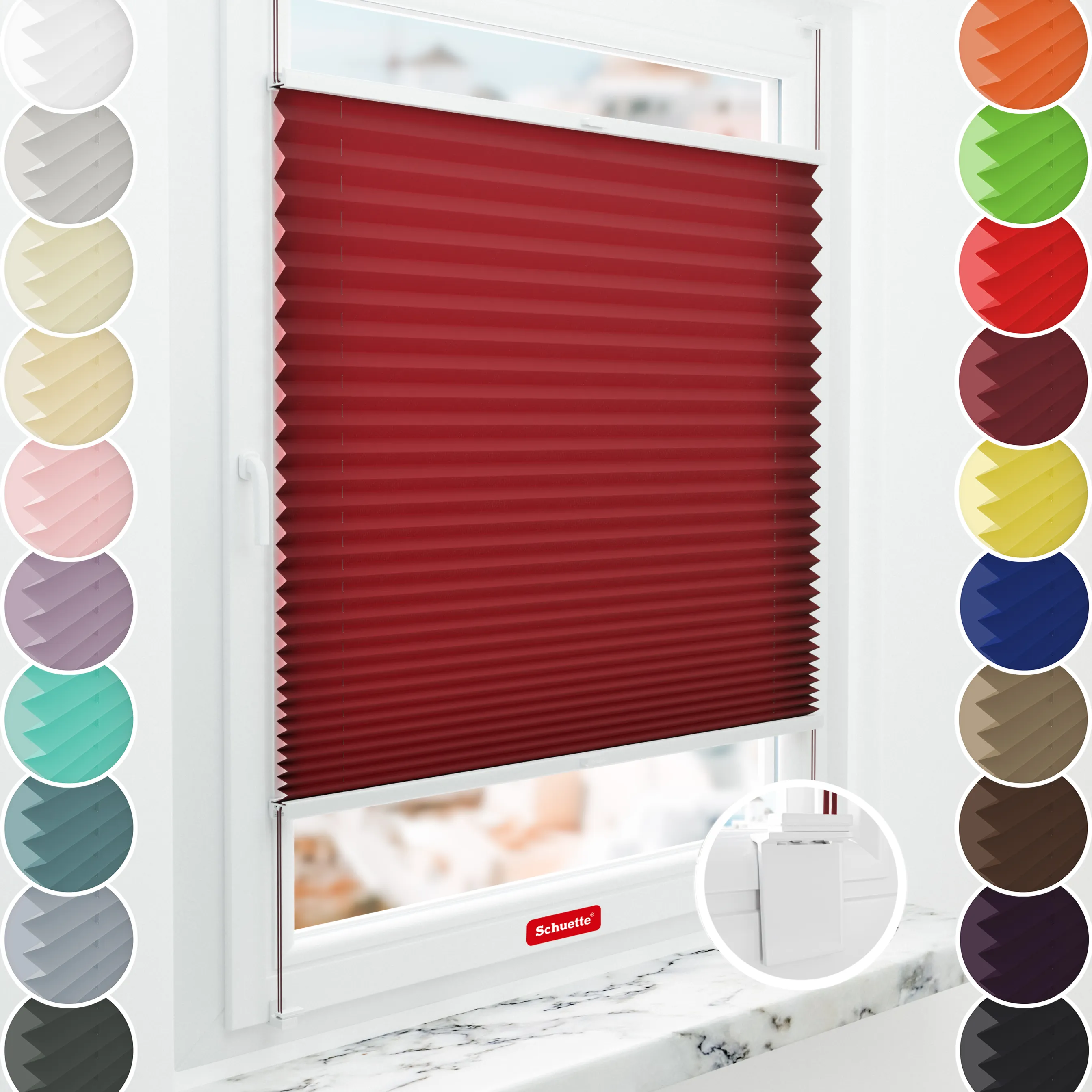 Schuette® Plissee mit Muster nach Maß • Limited Kollektion: Deep Affection (Rot) • Suprafix Klebe- & Schraubhalter 2in1 Set "Letsbond" • Profilfarbe: Braun