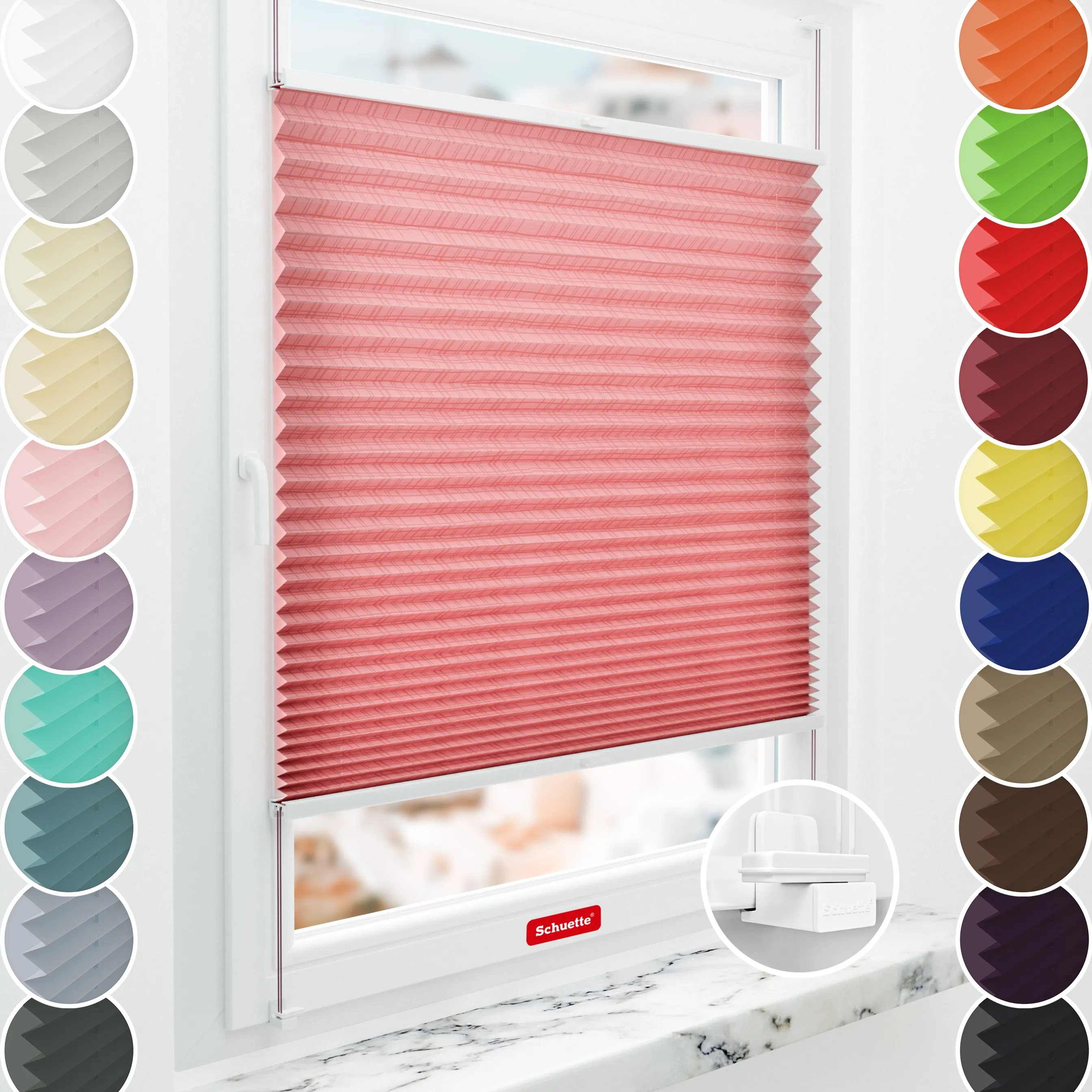 Schuette® Plissee mit Muster nach Maß • Limited Kollektion: Sheer Romance (Rosa) • Suprafix Klemmhalter "X" • Profilfarbe: Braun