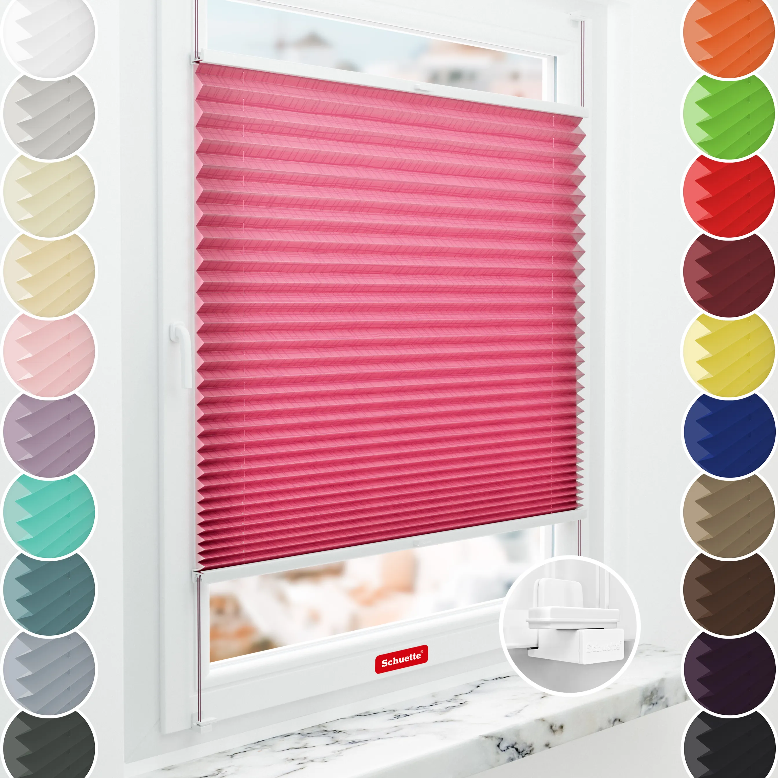 Schuette® Plissee mit Muster nach Maß • Limited Kollektion: Pink Veil (Rosa) • Suprafix Klemmhalter "X" • Profilfarbe: Walnuss