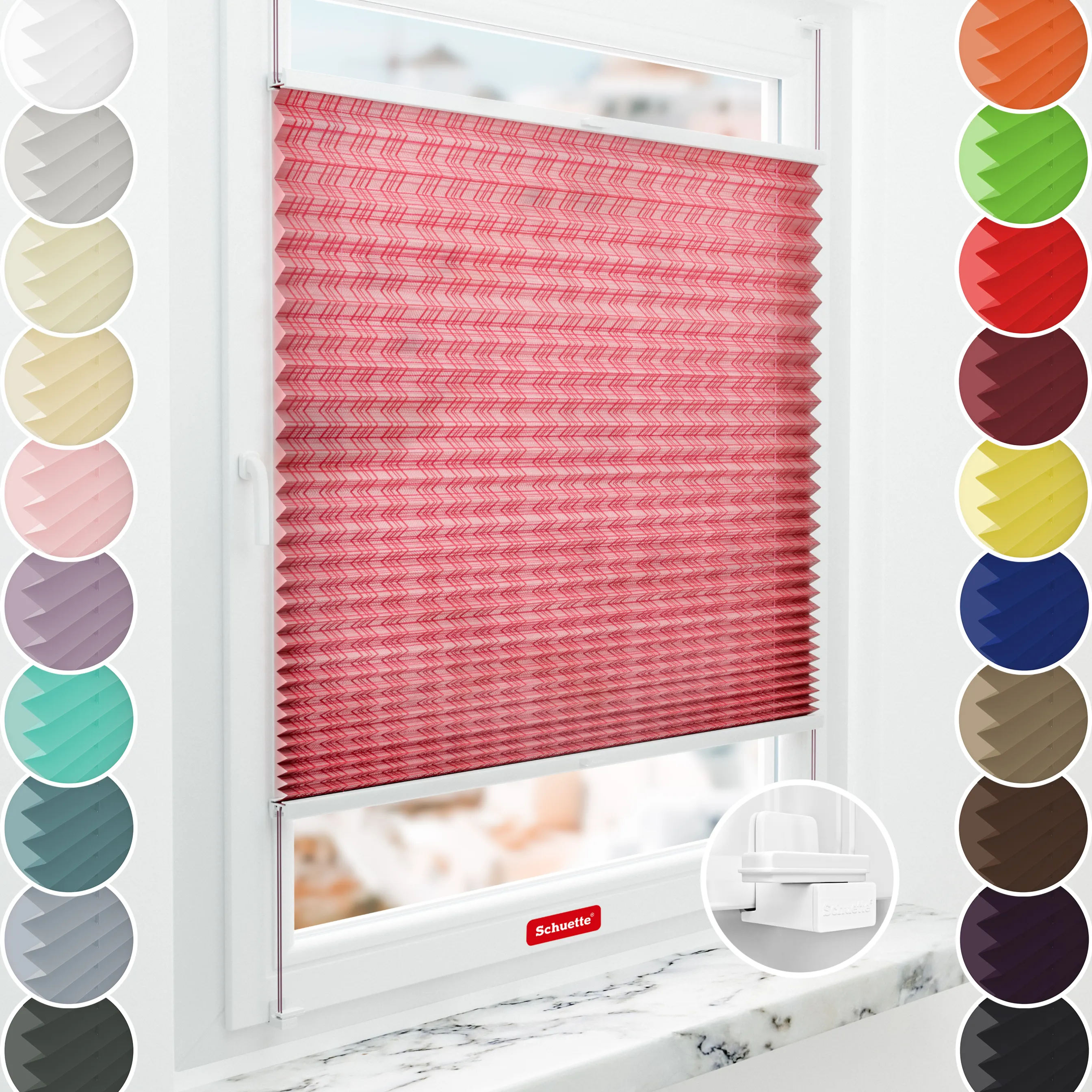 Schuette® Plissee mit Muster nach Maß • Limited Kollektion: Rose Petals (Rot) • Suprafix Klemmhalter "X" • Profilfarbe: Braun