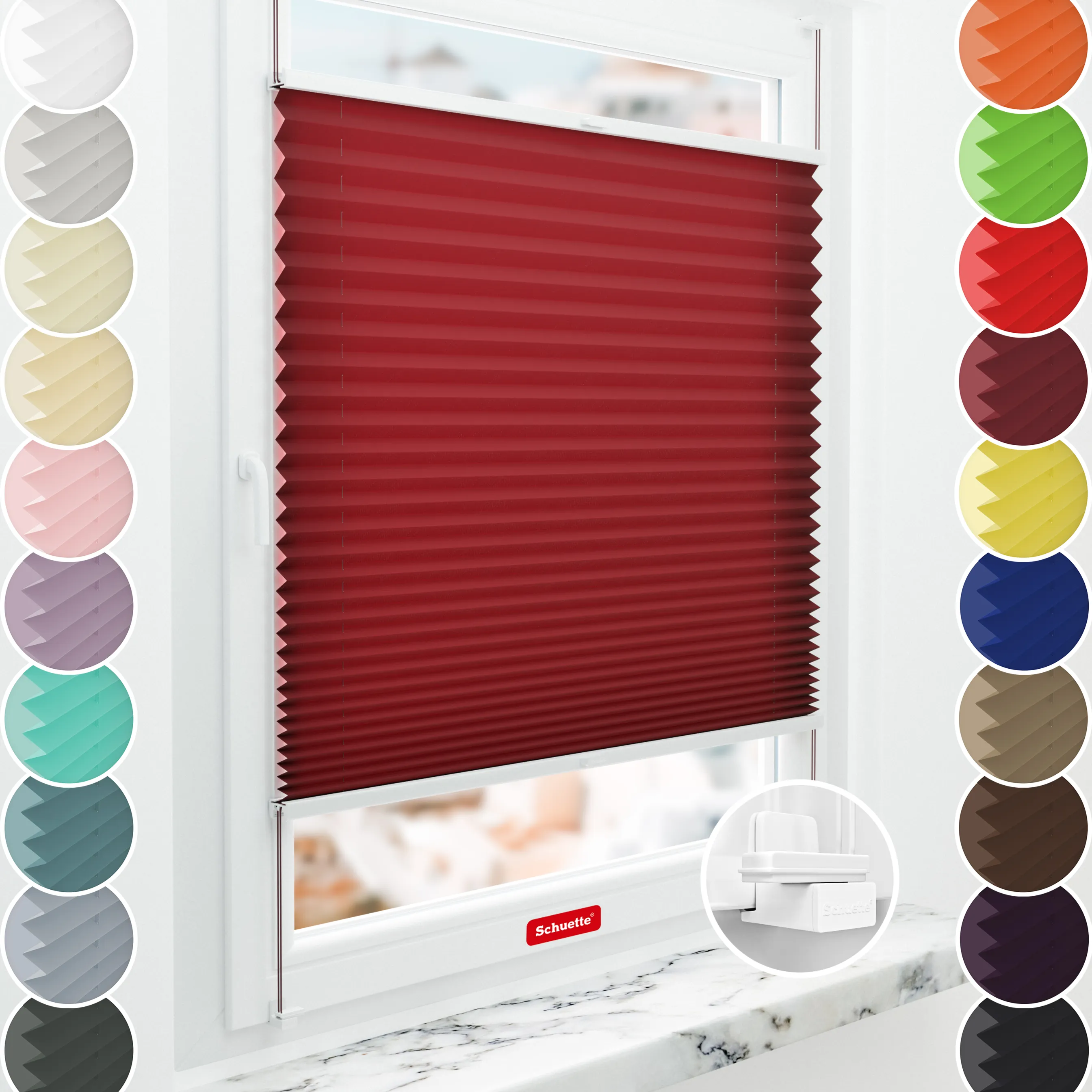 Schuette® Plissee mit Muster nach Maß • Limited Kollektion: Deep Affection (Rot) • Suprafix Klemmhalter "X" • Profilfarbe: Braun