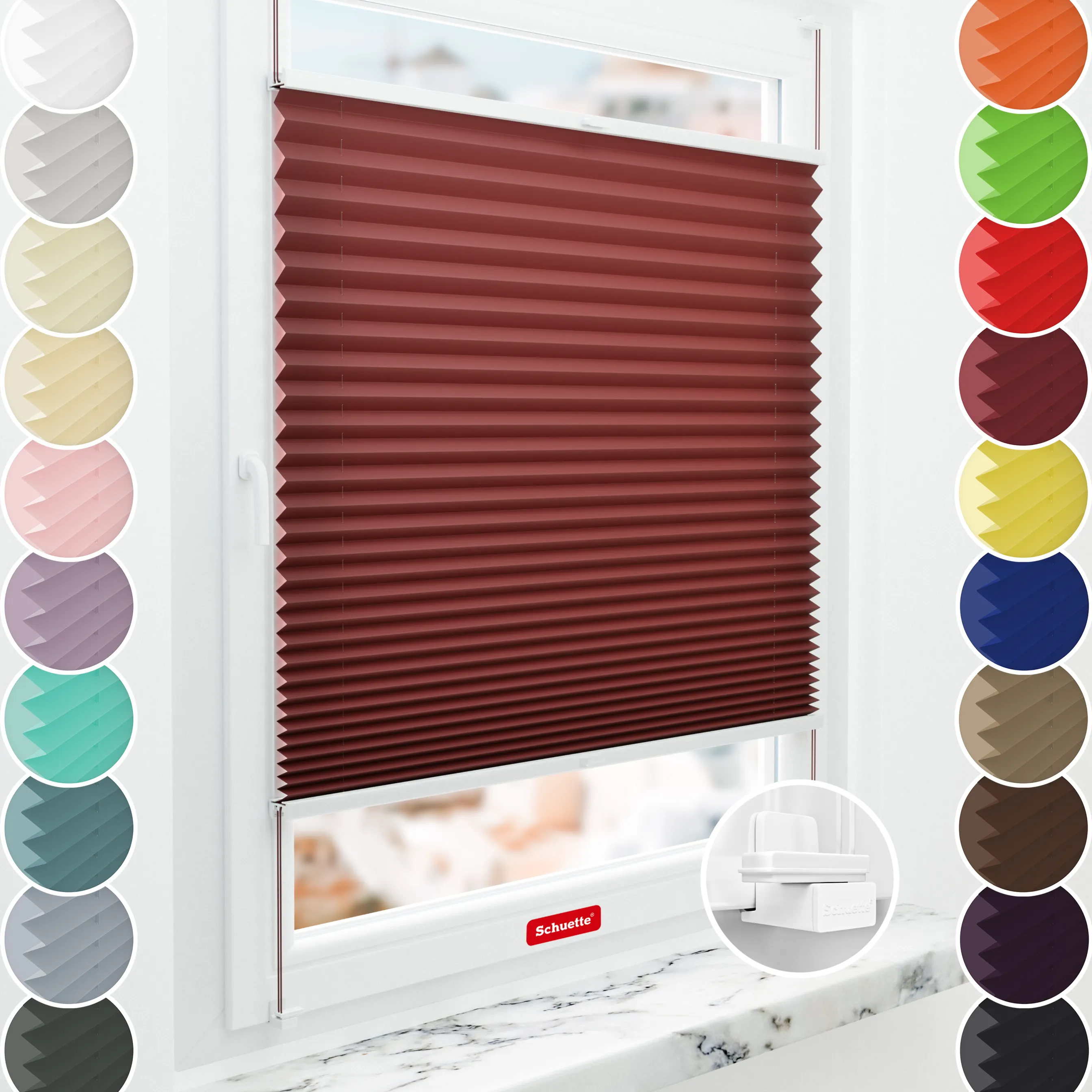 Schuette® Plissee mit Muster nach Maß • Limited Kollektion: Burning Desire (Rot) • Suprafix Klemmhalter "X" • Profilfarbe: Braun