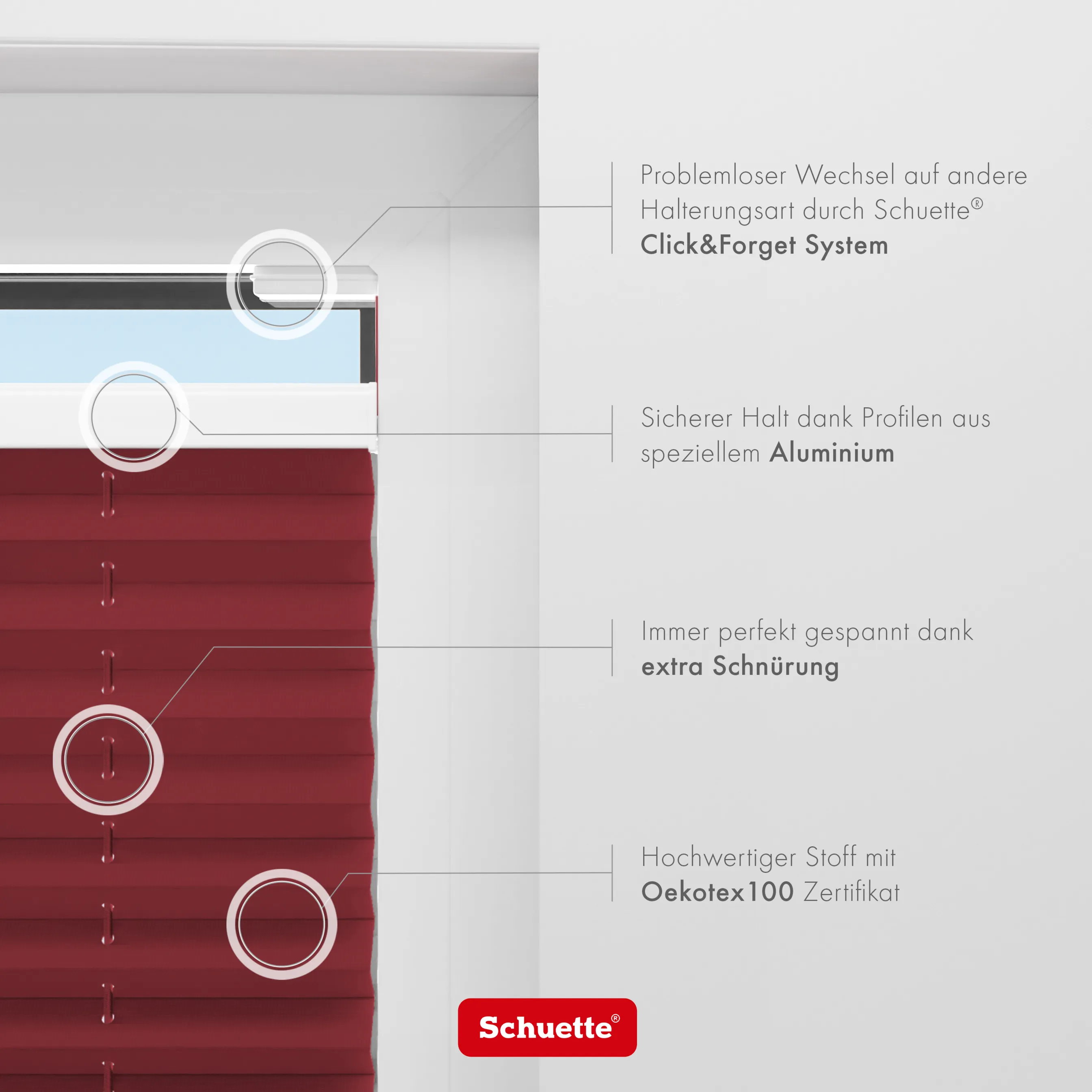 Schuette® Plissee mit Muster nach Maß • Limited Kollektion: Deep Affection (Rot) • Suprafix Halterungen “Mit Bohren” • Profilfarbe: Braun