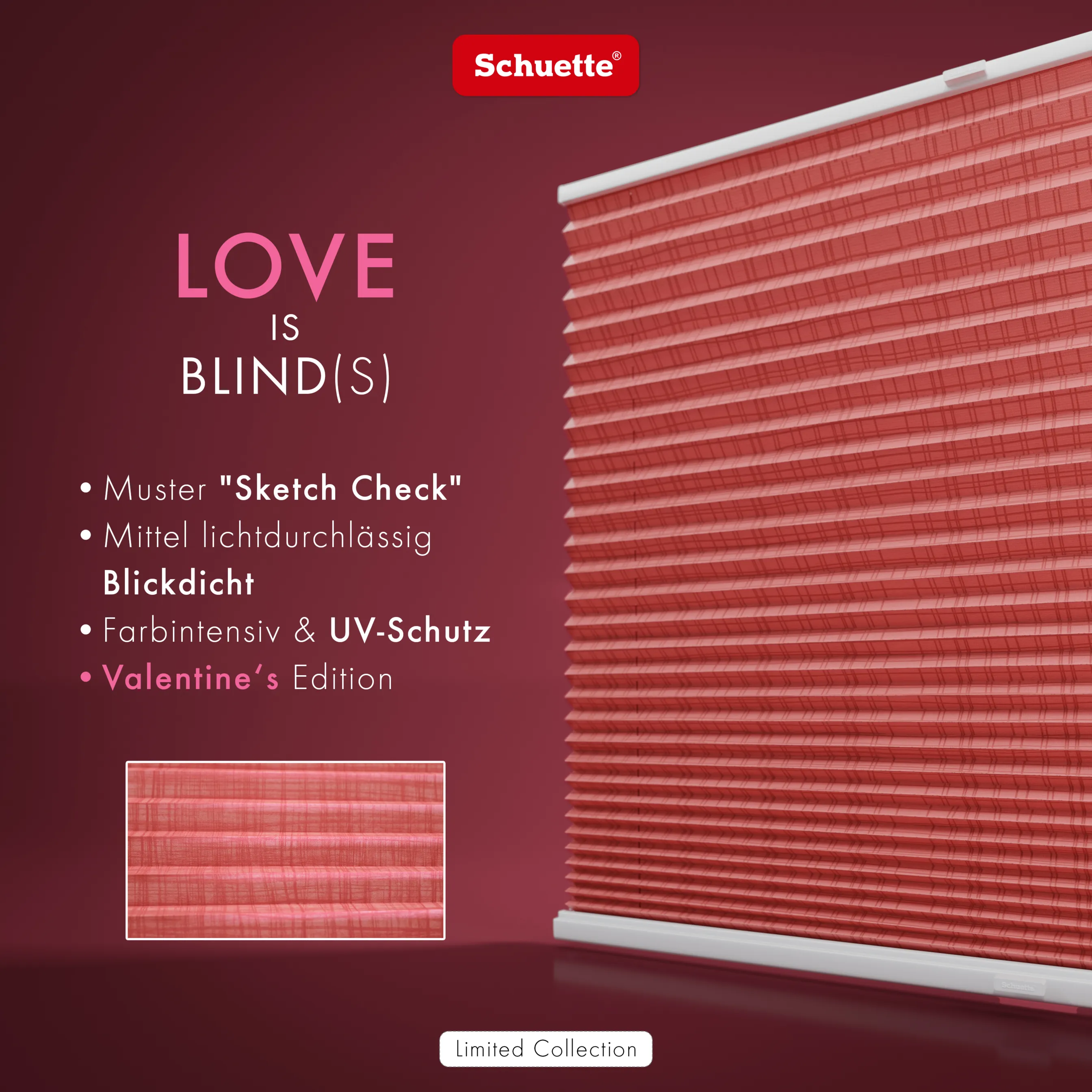 Schuette® Plissee mit Muster nach Maß • Limited Kollektion: Sheer Romance (Rosa) • Suprafix Halterungen “Mit Bohren” • Profilfarbe: Anthrazit