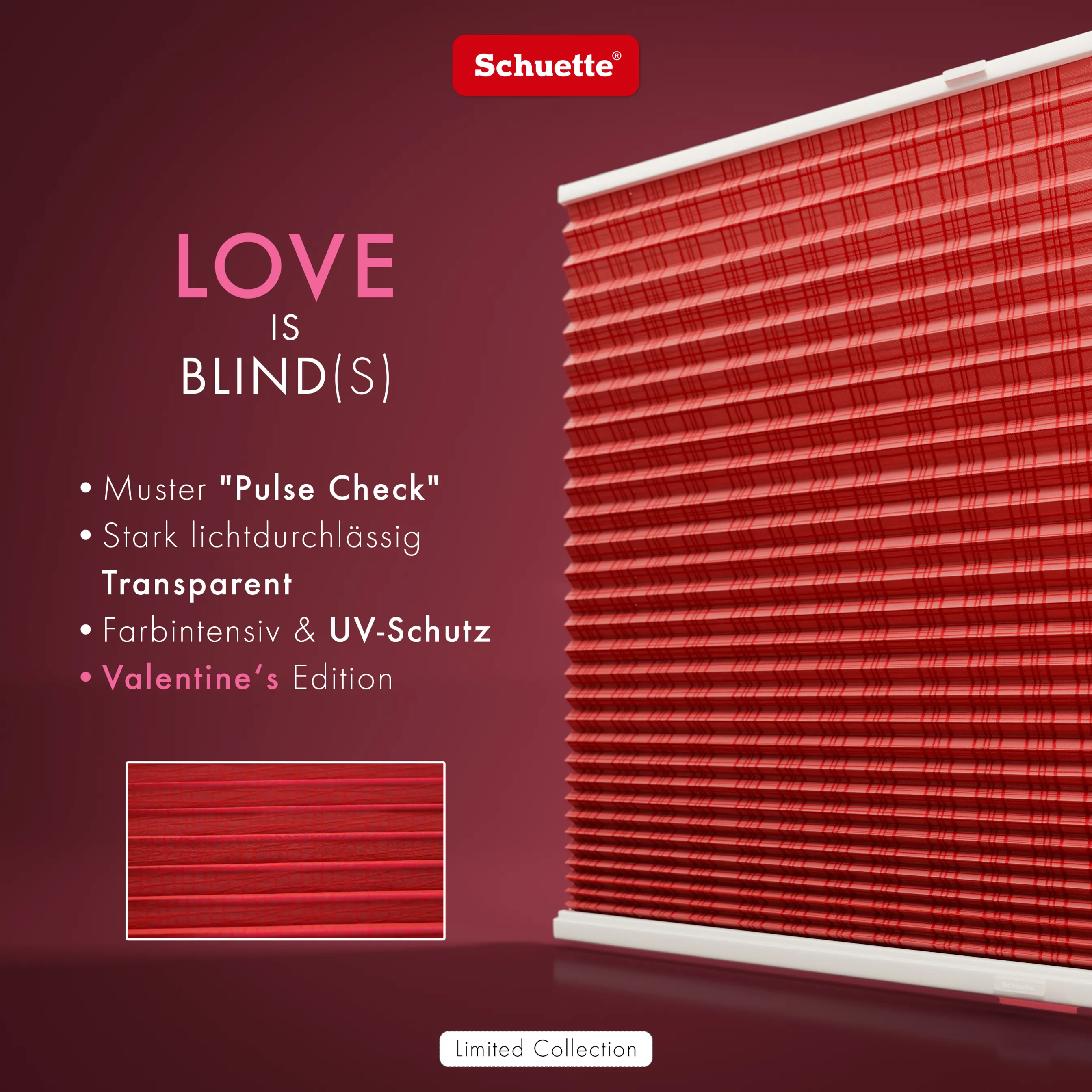 Schuette® Plissee mit Muster nach Maß • Limited Kollektion: Rose Petals (Rot) • Suprafix "Double 2in1" Schraub- & Klemmhalter • Profilfarbe: Silber