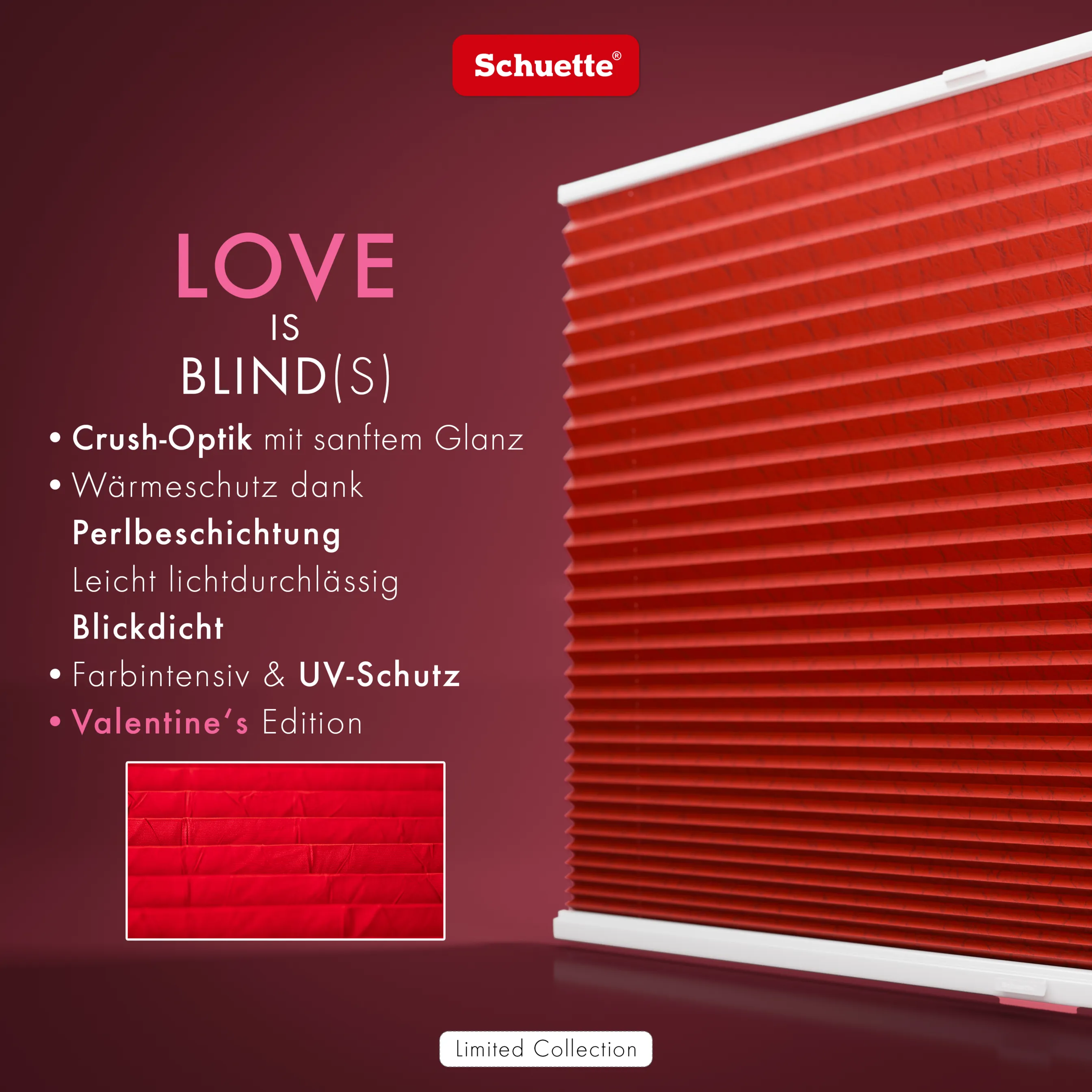 Schuette® Plissee mit Muster nach Maß • Limited Kollektion: Unbroken Hear (Rot) • Suprafix Klemmhalter "X" • Profilfarbe: Silber