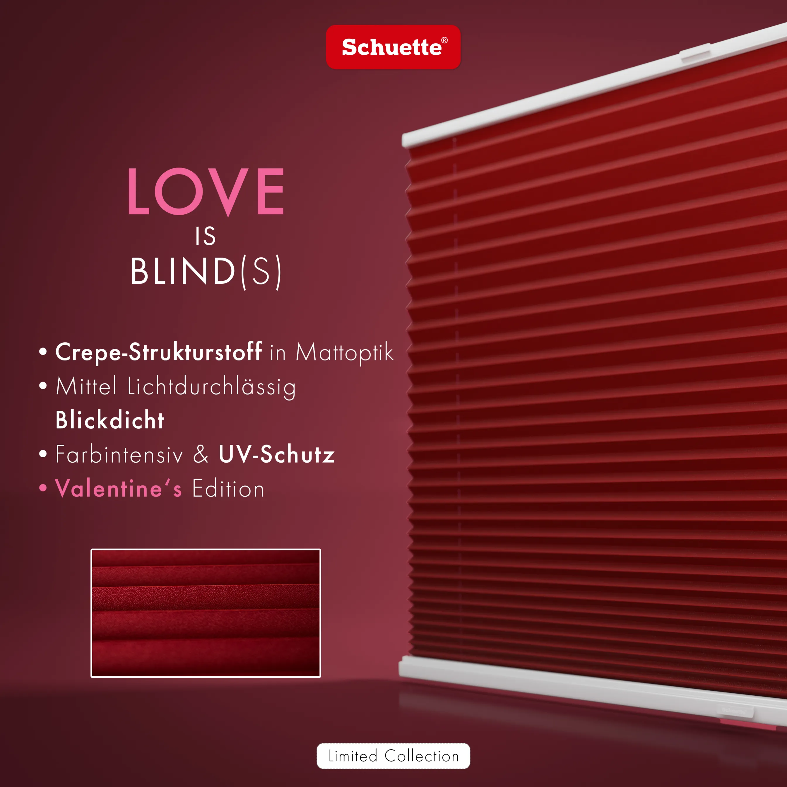 Schuette® Plissee mit Muster nach Maß • Limited Kollektion: Deep Affection (Rot) • Suprafix Klemmhalter "X" • Profilfarbe: Braun